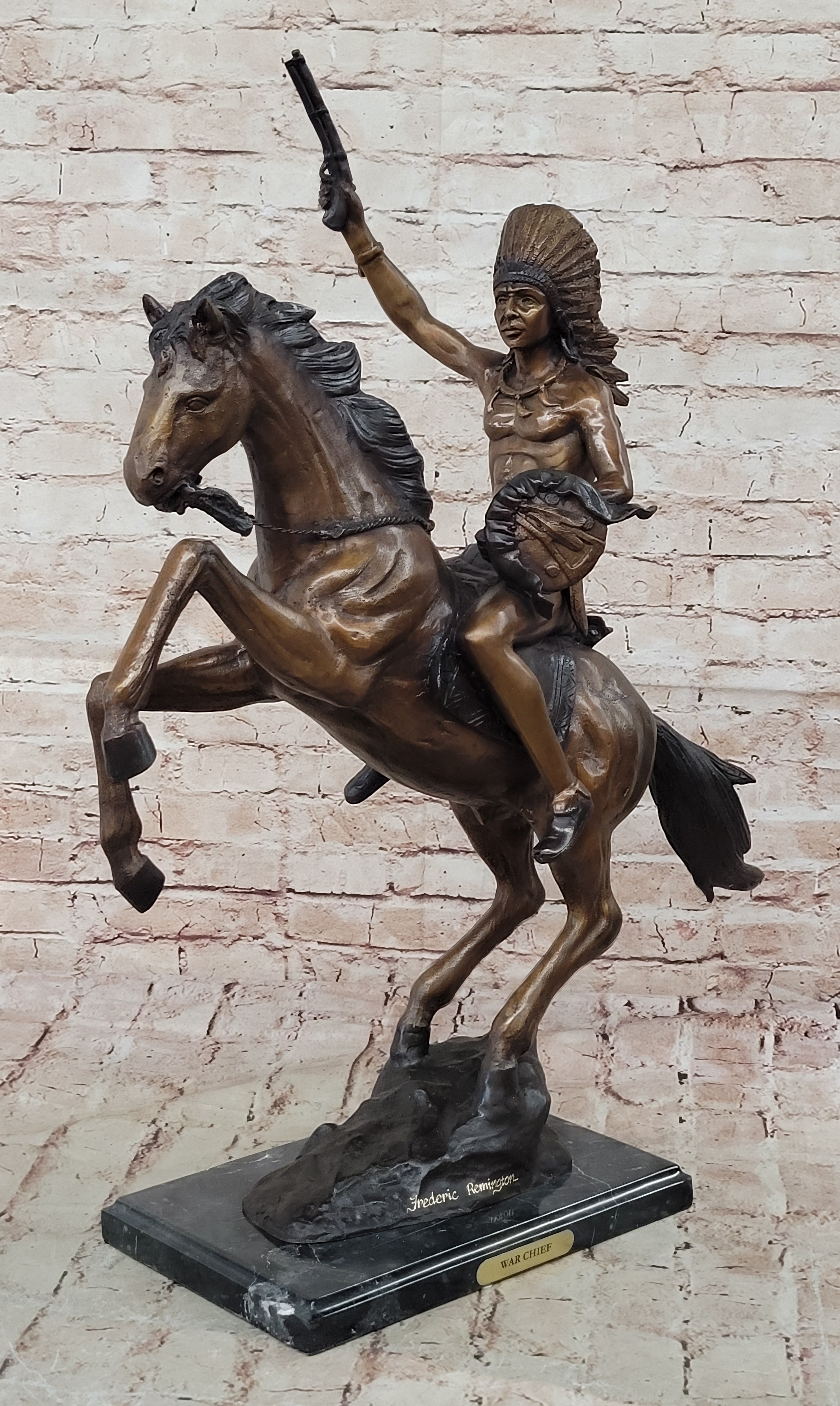 Original Thomas War Chief Bronze Sculpture Western Art Marble Base Figurine Sale