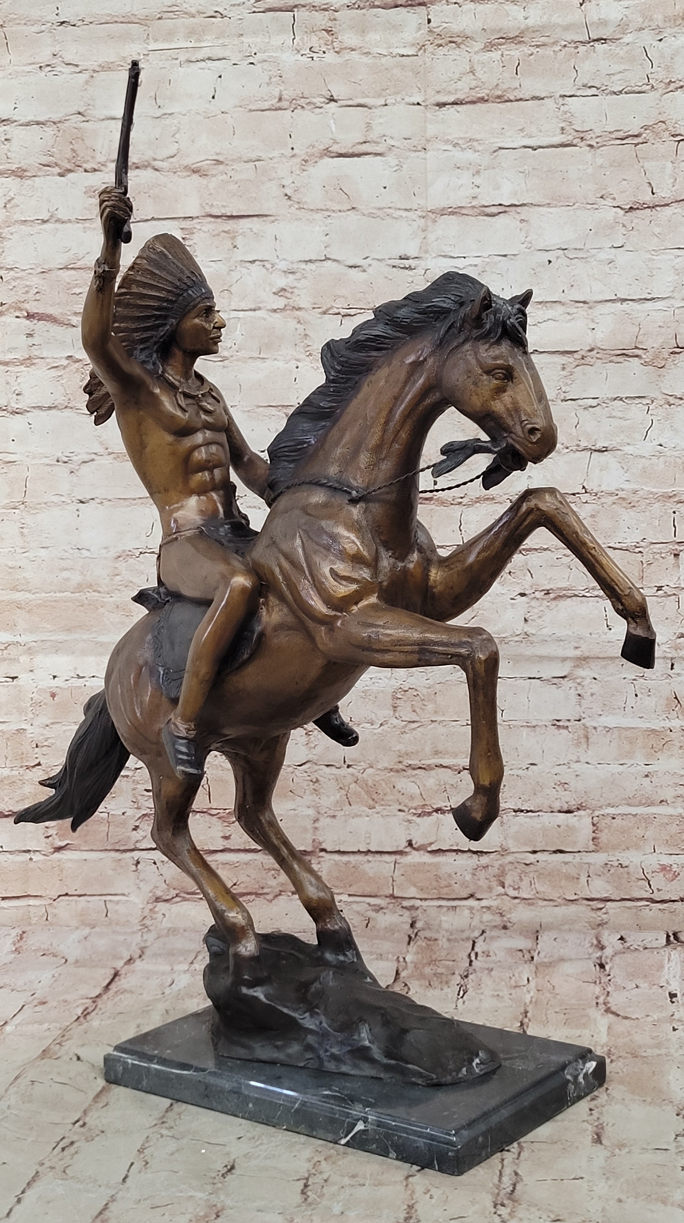 Original Thomas War Chief Bronze Sculpture Western Art Marble Base Figurine Sale