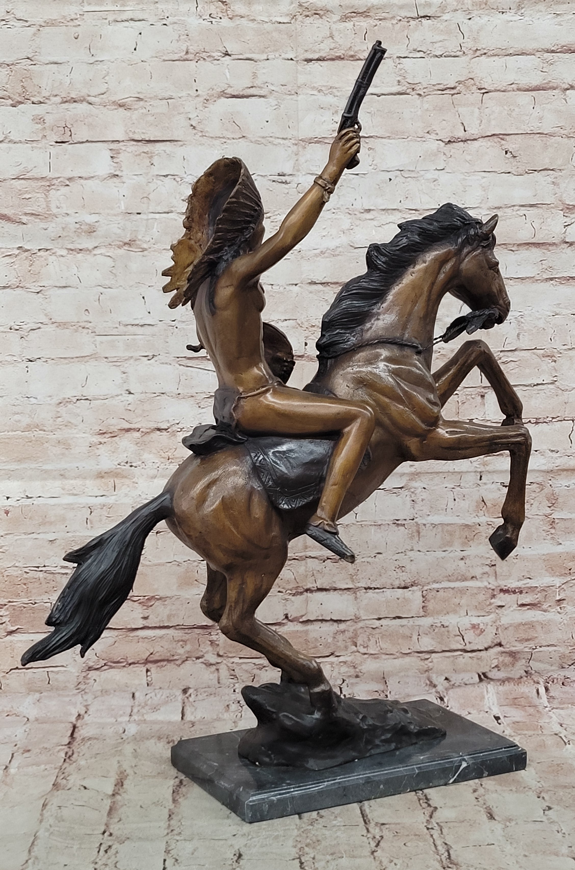 Original Thomas War Chief Bronze Sculpture Western Art Marble Base Figurine Sale