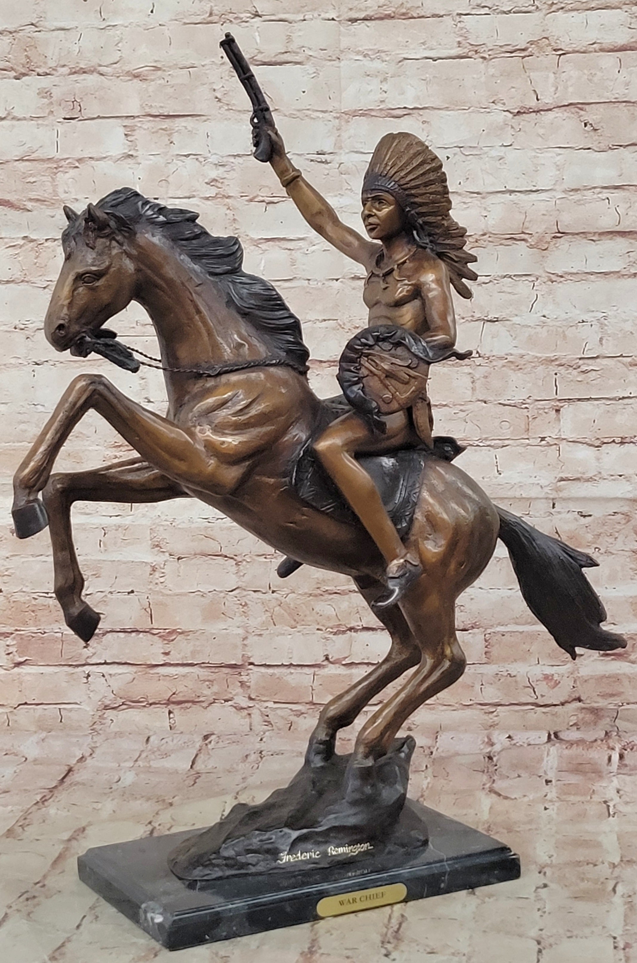 Original Thomas War Chief Bronze Sculpture Western Art Marble Base Figurine Sale