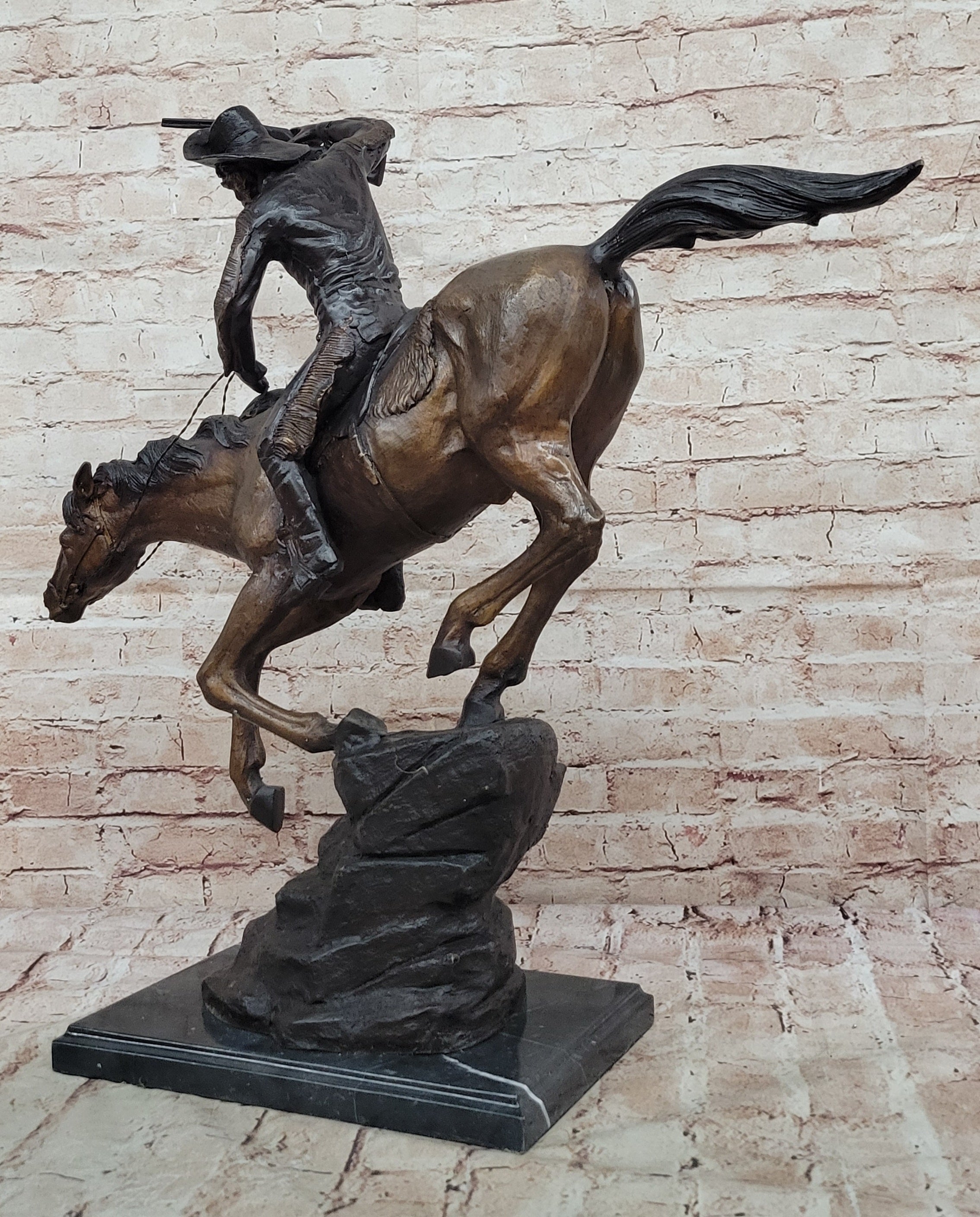 LARGE COWBOY WITH HORSE BRONZE SCULPTURE WESTERN ART REMINGTON FIGURINE DECOR