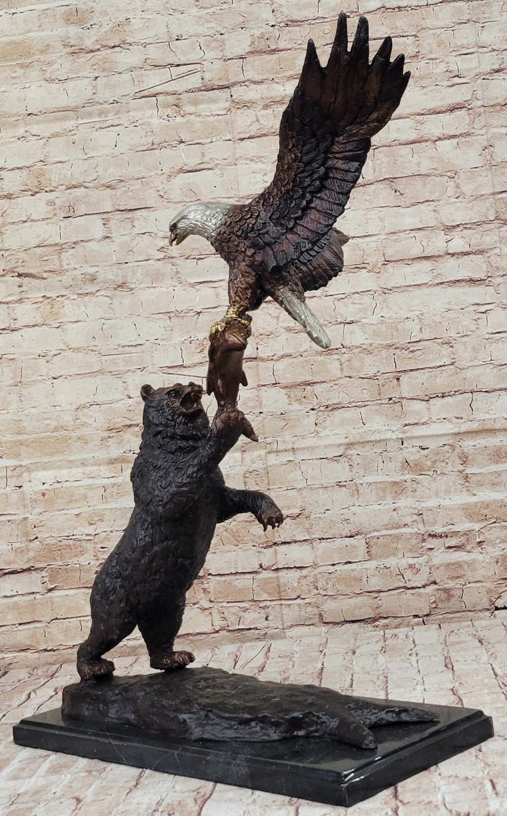 Handcrafted Bronze Bear and Eagle Sculpture: Wildlife Collector`s Edition