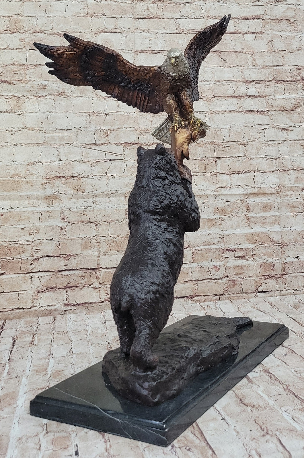 Handcrafted Bronze Bear and Eagle Sculpture: Wildlife Collector`s Edition