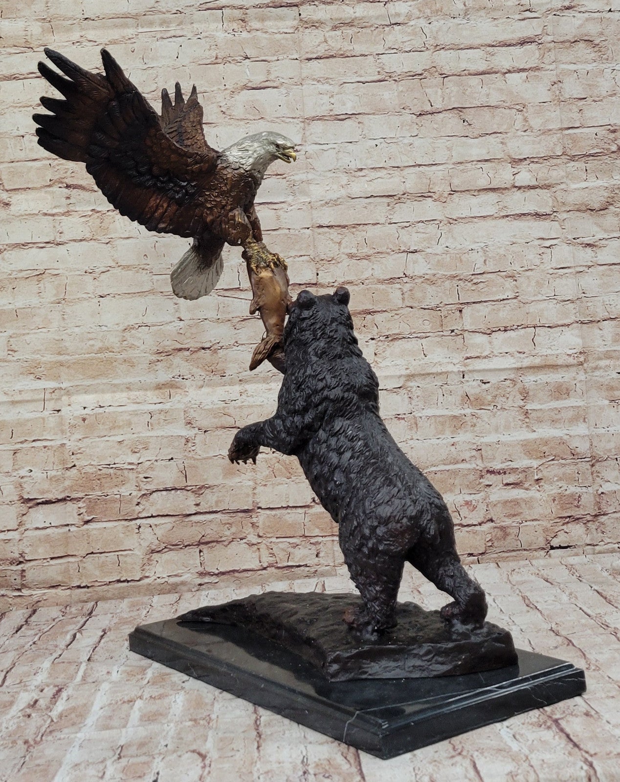 Handcrafted Bronze Bear and Eagle Sculpture: Wildlife Collector`s Edition