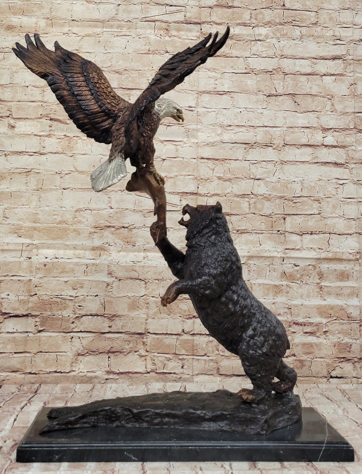 Handcrafted Bronze Bear and Eagle Sculpture: Wildlife Collector`s Edition
