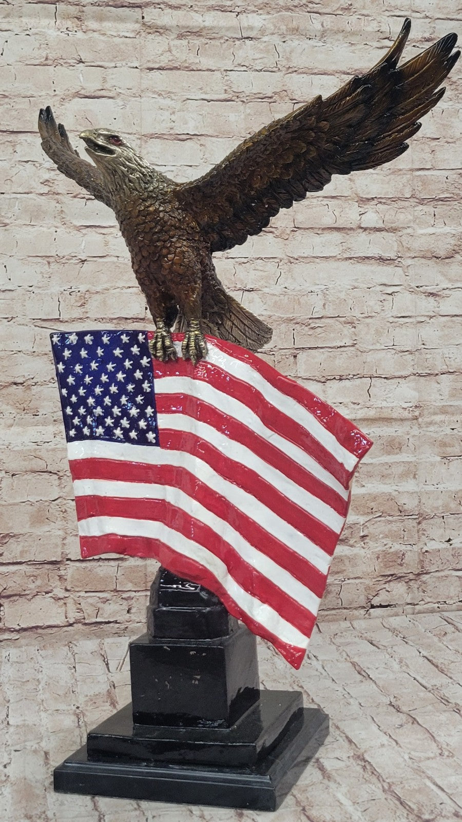 Moigniez Signed Bronze American Eagle Sculpture: USA Flag Statue Collectible
