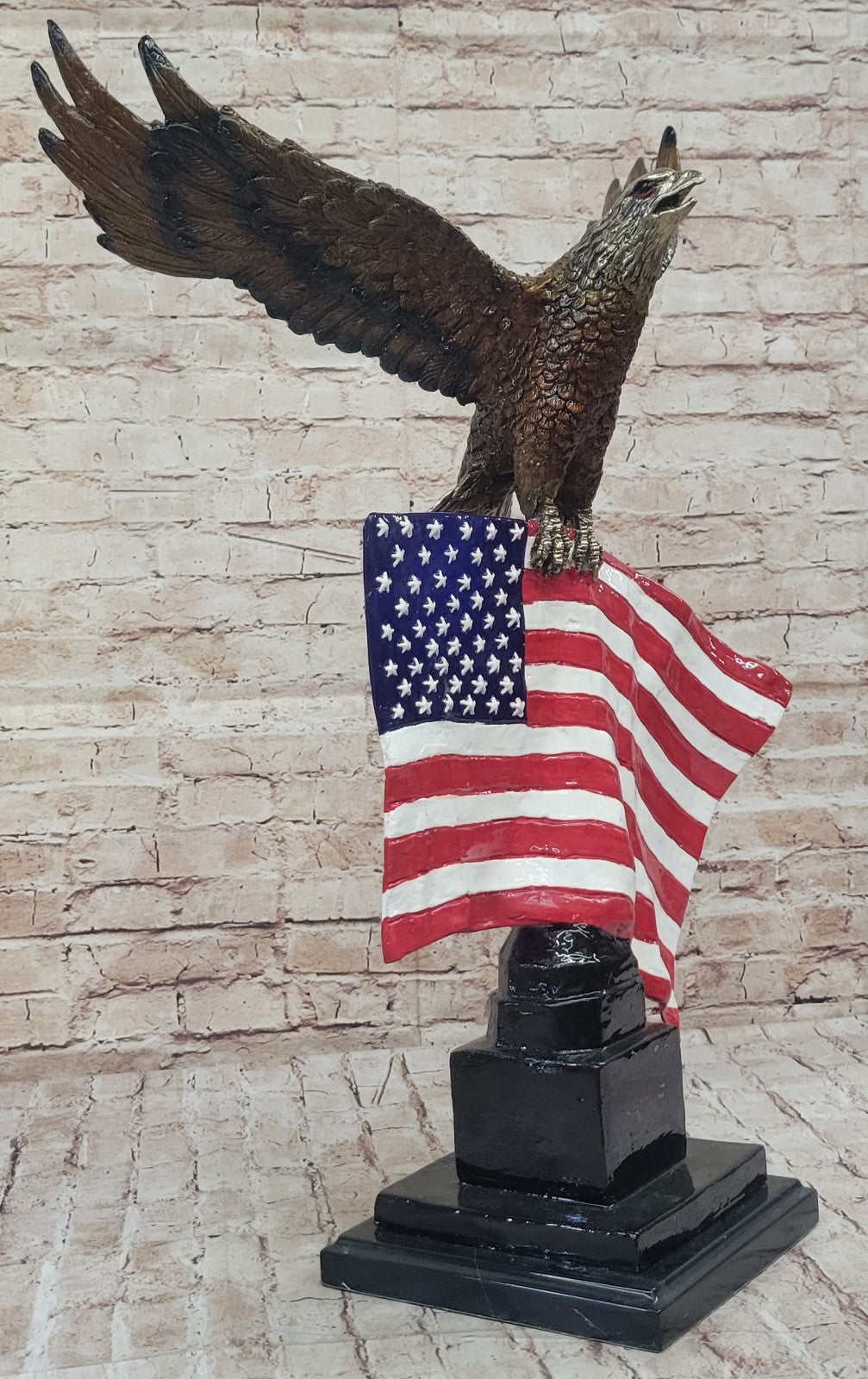 Moigniez Signed Bronze American Eagle Sculpture: USA Flag Statue Collectible