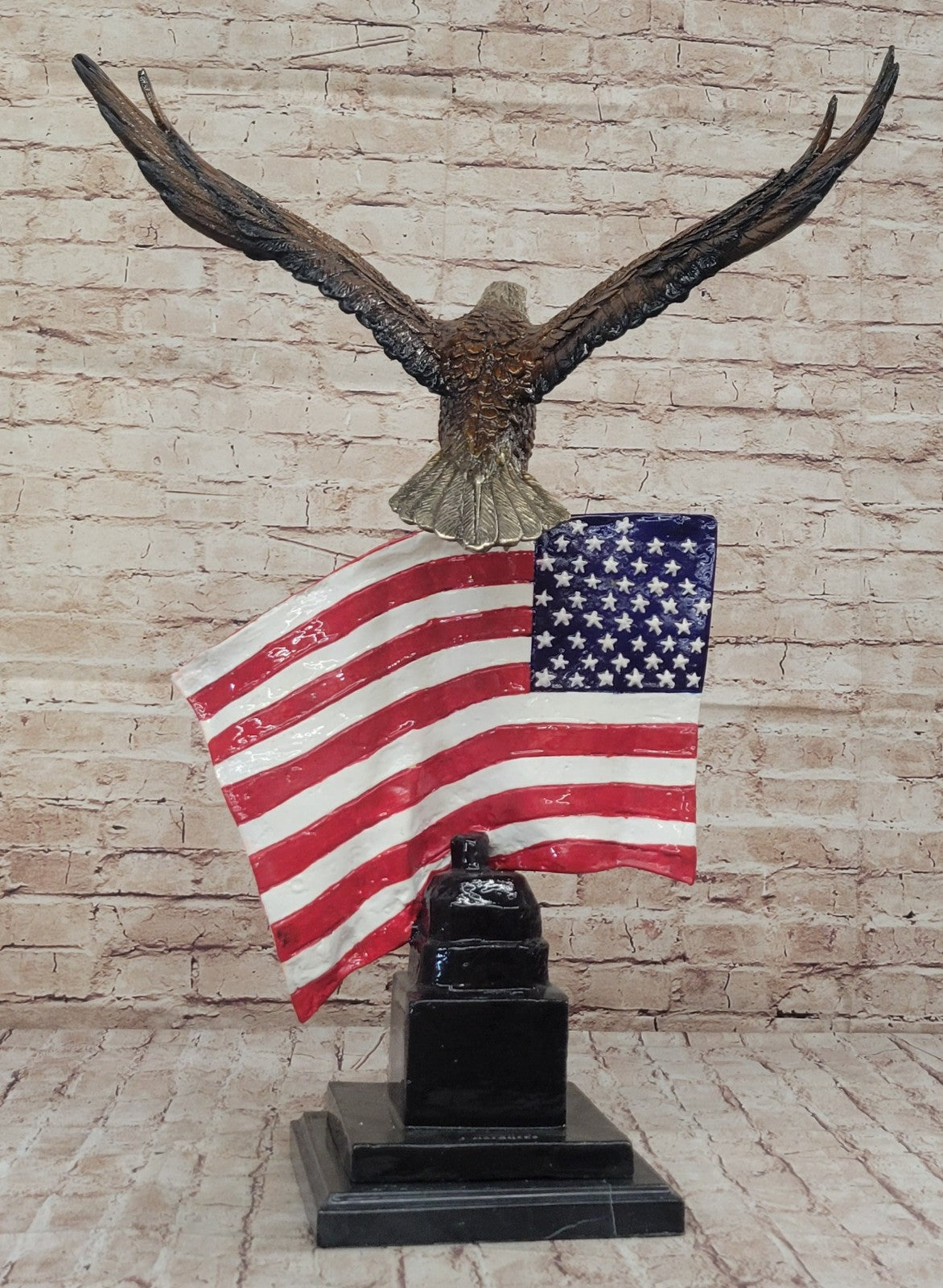 Moigniez Signed Bronze American Eagle Sculpture: USA Flag Statue Collectible