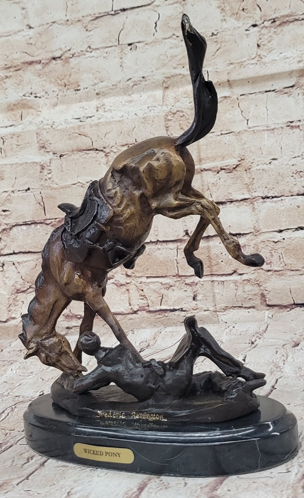 Frederic Remington`s "Wicked Pony" Bronze Sculpture, Marble Art Deco Figurine
