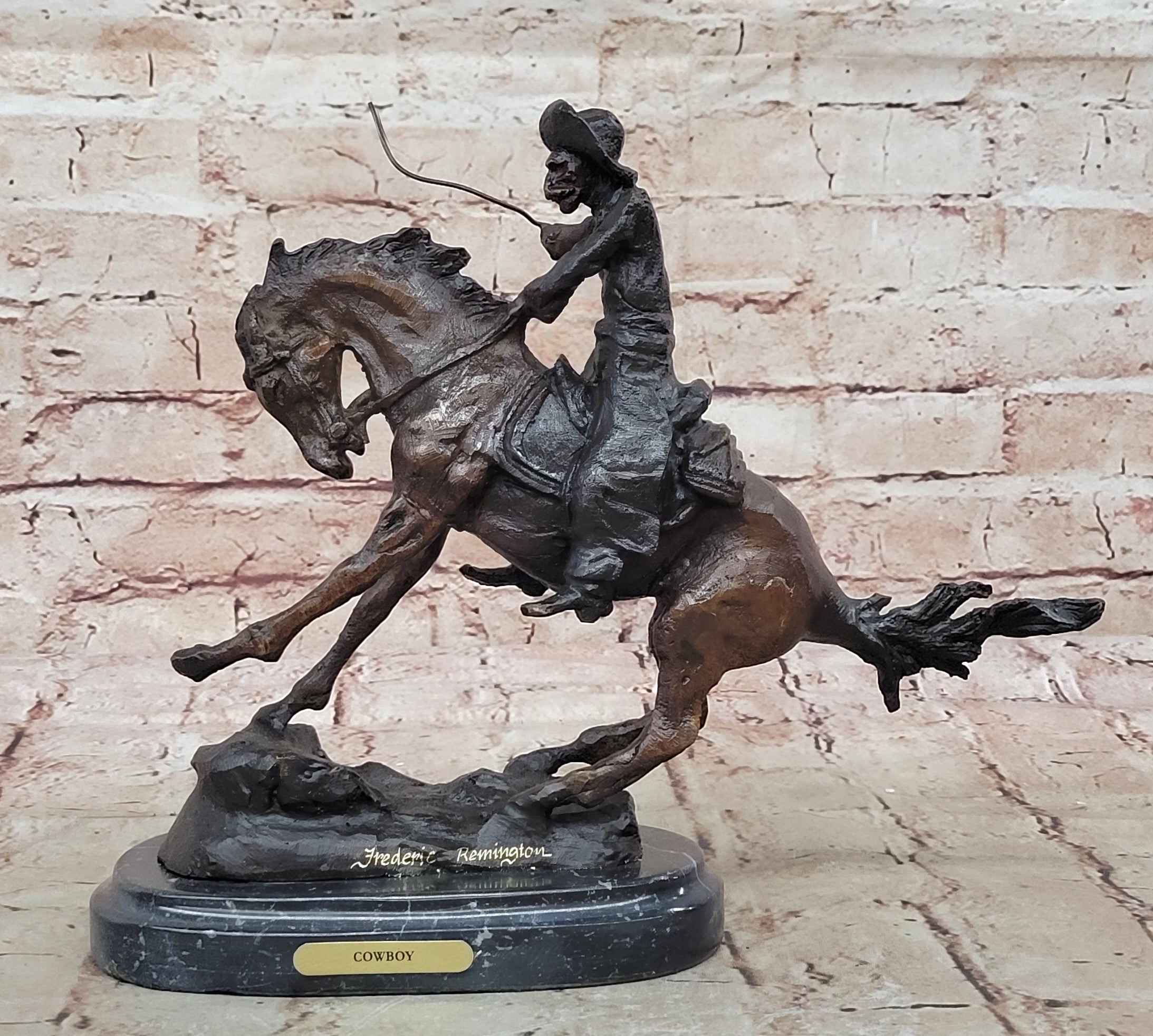 COWBOY" by FREDERIC REMINGTON! DETAILED BRONZE COWBOY & BRONCO! HIS BEST ARTWORK