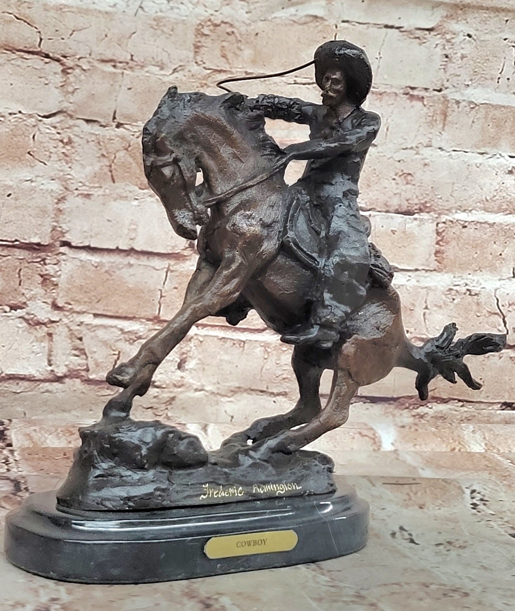 COWBOY" by FREDERIC REMINGTON! DETAILED BRONZE COWBOY & BRONCO! HIS BEST ARTWORK