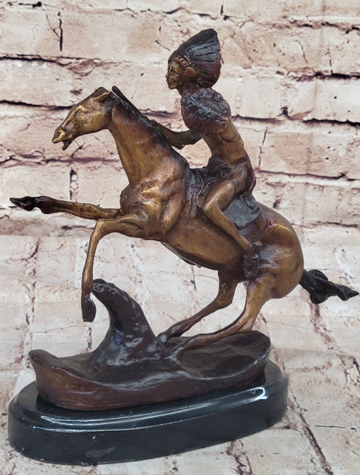 American Indian Riding Horse Signed Remington Native Bronze Sculpture Statue T