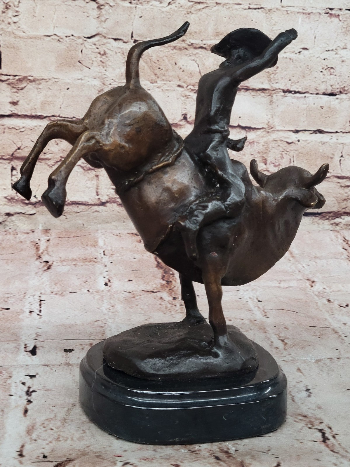 Bronze Marble Statue Rodeo Western Cowboy Bull Rodeo Rider Figurine