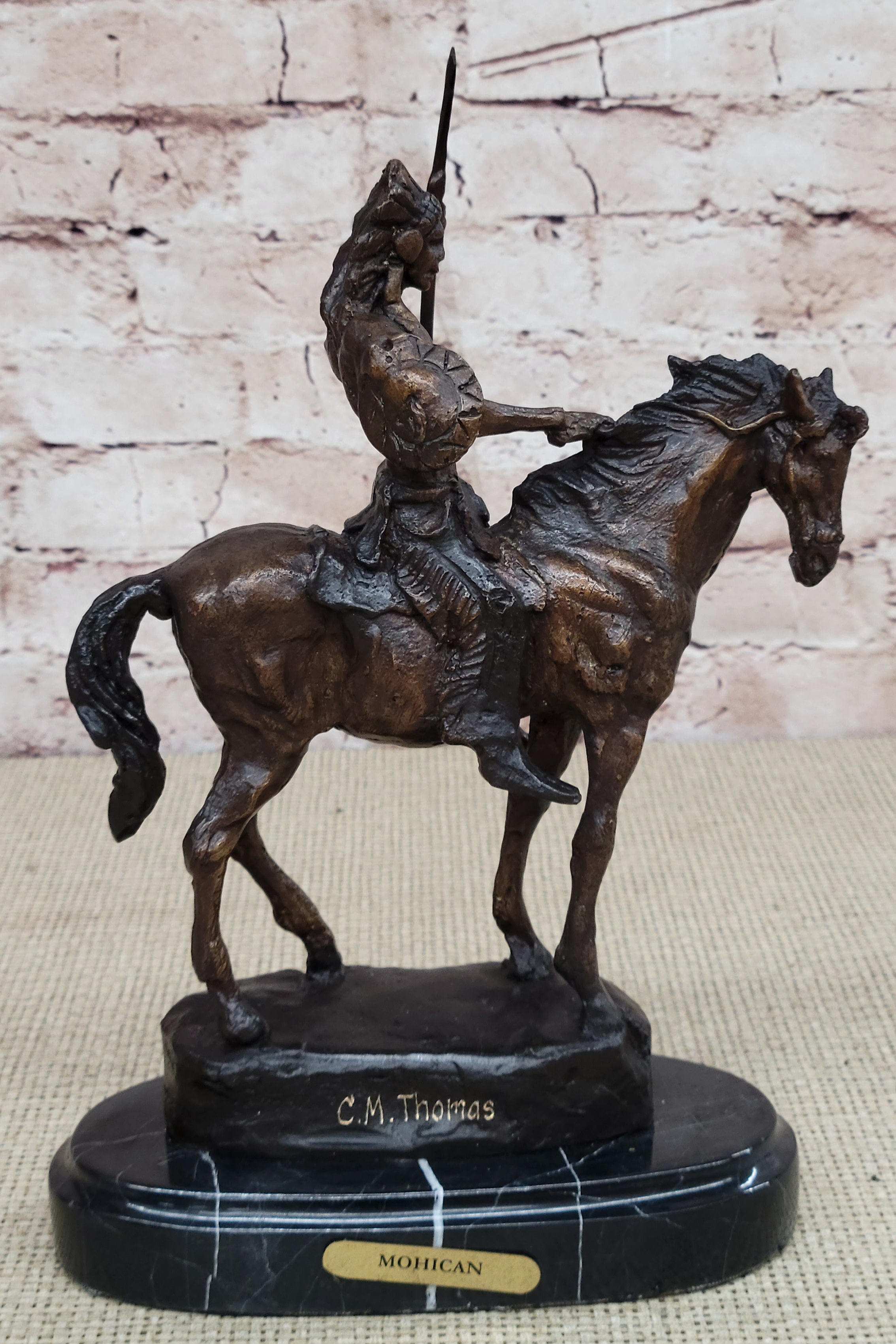 Signed Thomas Native American Indian Riding Horse Bronze Sculpture Statue Art