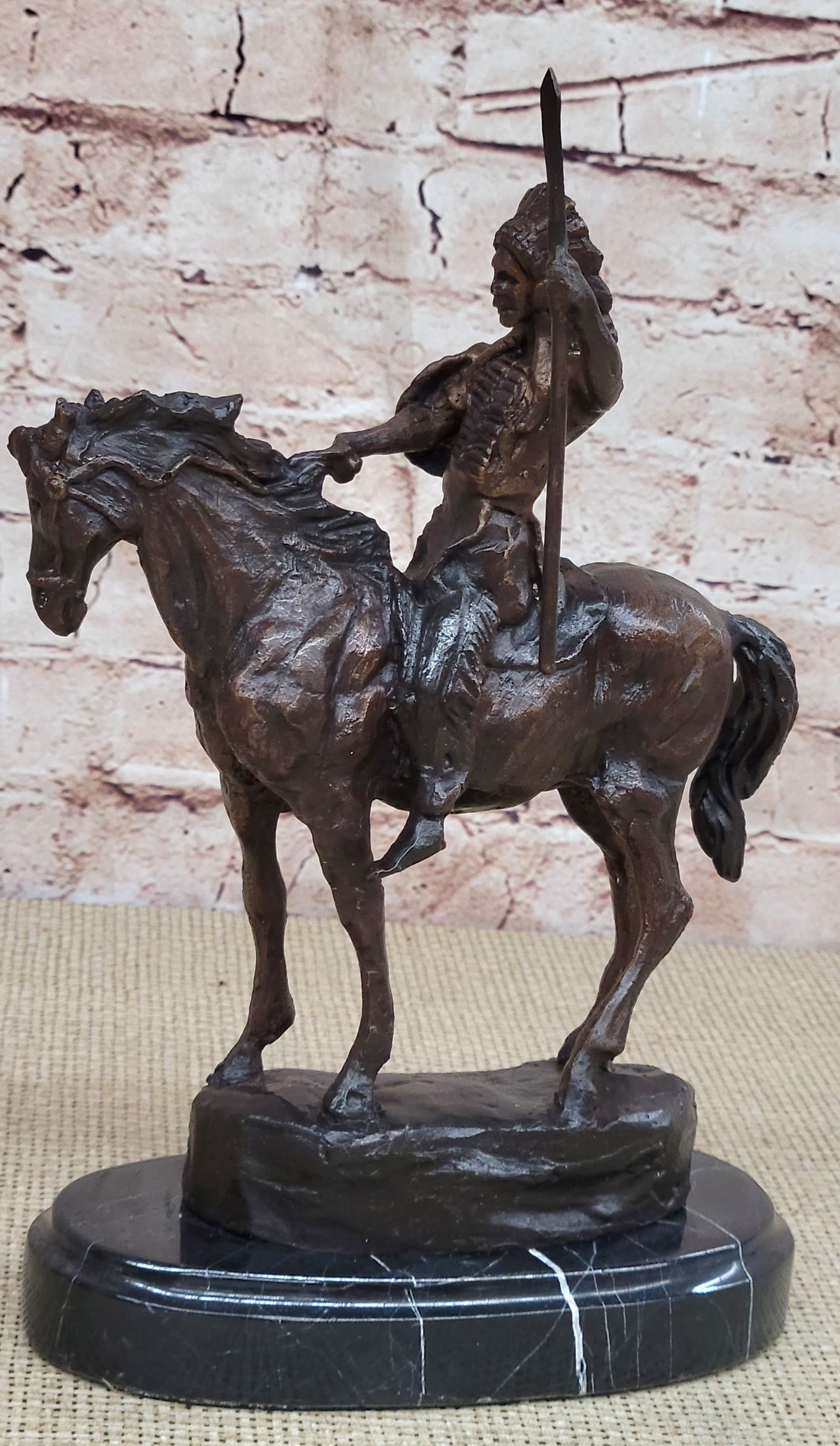 Signed Thomas Native American Indian Riding Horse Bronze Sculpture Statue Art