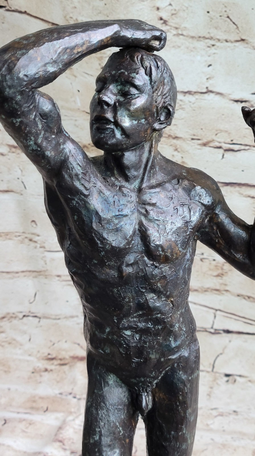 L`âge d`airain- sculpture d`Auguste Rodin- véritable bronze et marbre- Figure