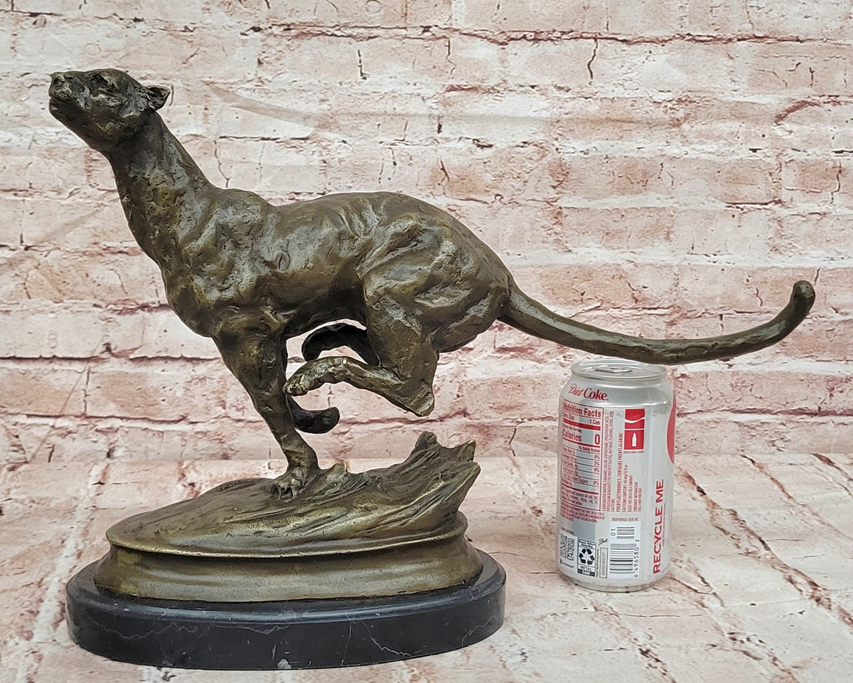 Classic Artwork: Milo`s Signed Stalking Puma Bronze Sculpture on Marble Base