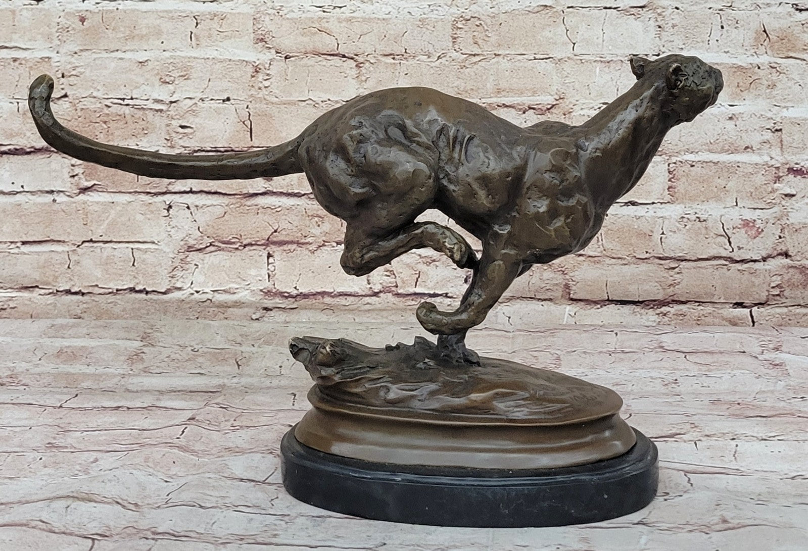 Classic Artwork: Milo`s Signed Stalking Puma Bronze Sculpture on Marble Base