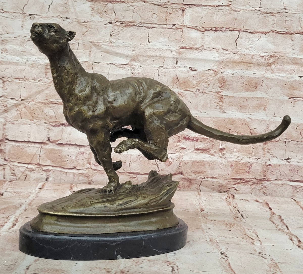 Classic Artwork: Milo`s Signed Stalking Puma Bronze Sculpture on Marble Base