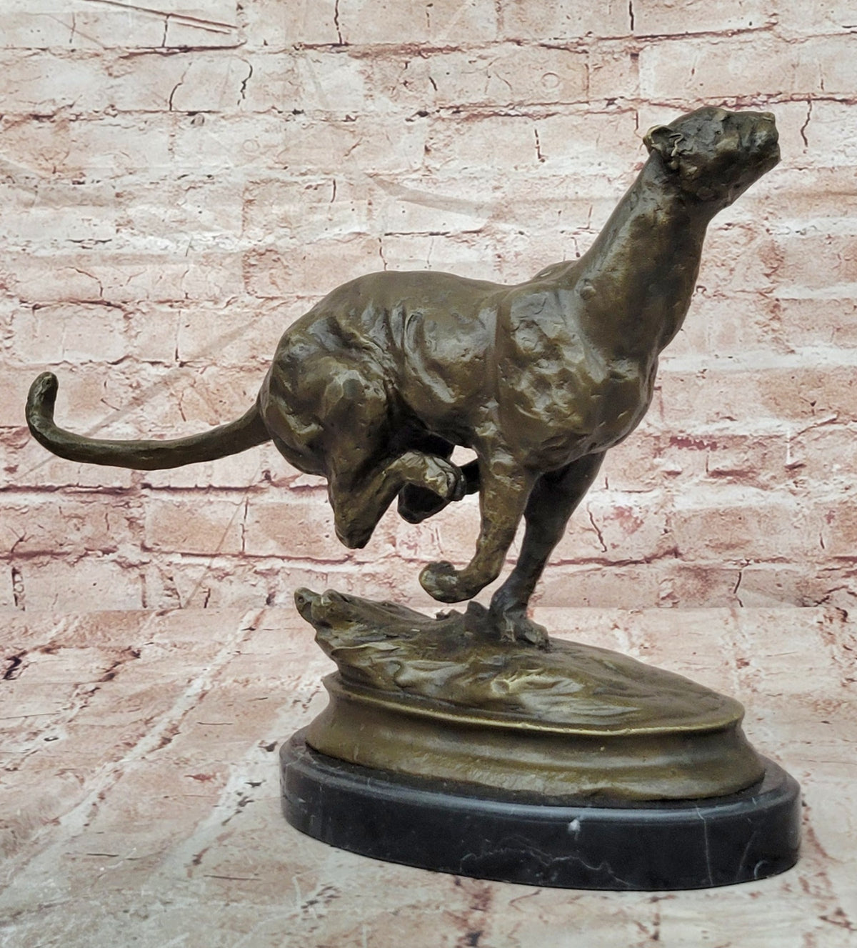 Classic Artwork: Milo`s Signed Stalking Puma Bronze Sculpture on Marble Base