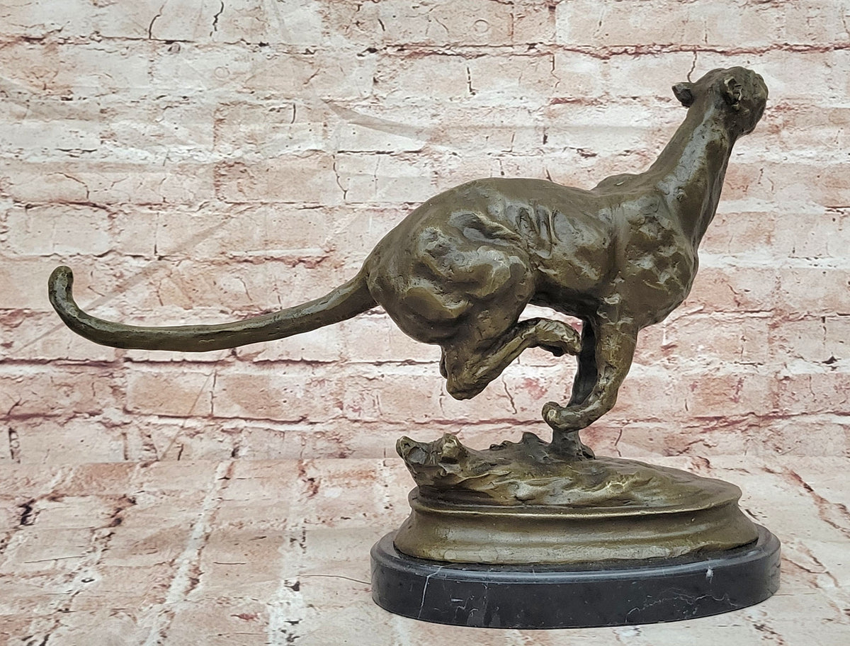 Classic Artwork: Milo`s Signed Stalking Puma Bronze Sculpture on Marble Base