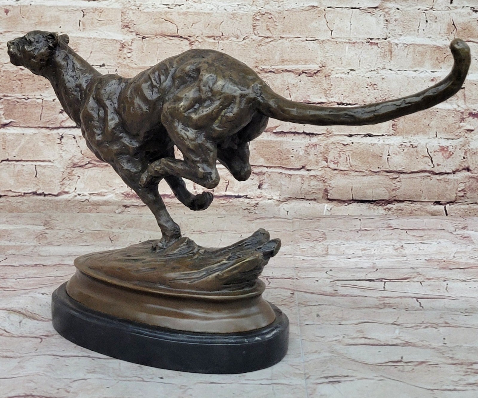 Classic Artwork: Milo`s Signed Stalking Puma Bronze Sculpture on Marble Base