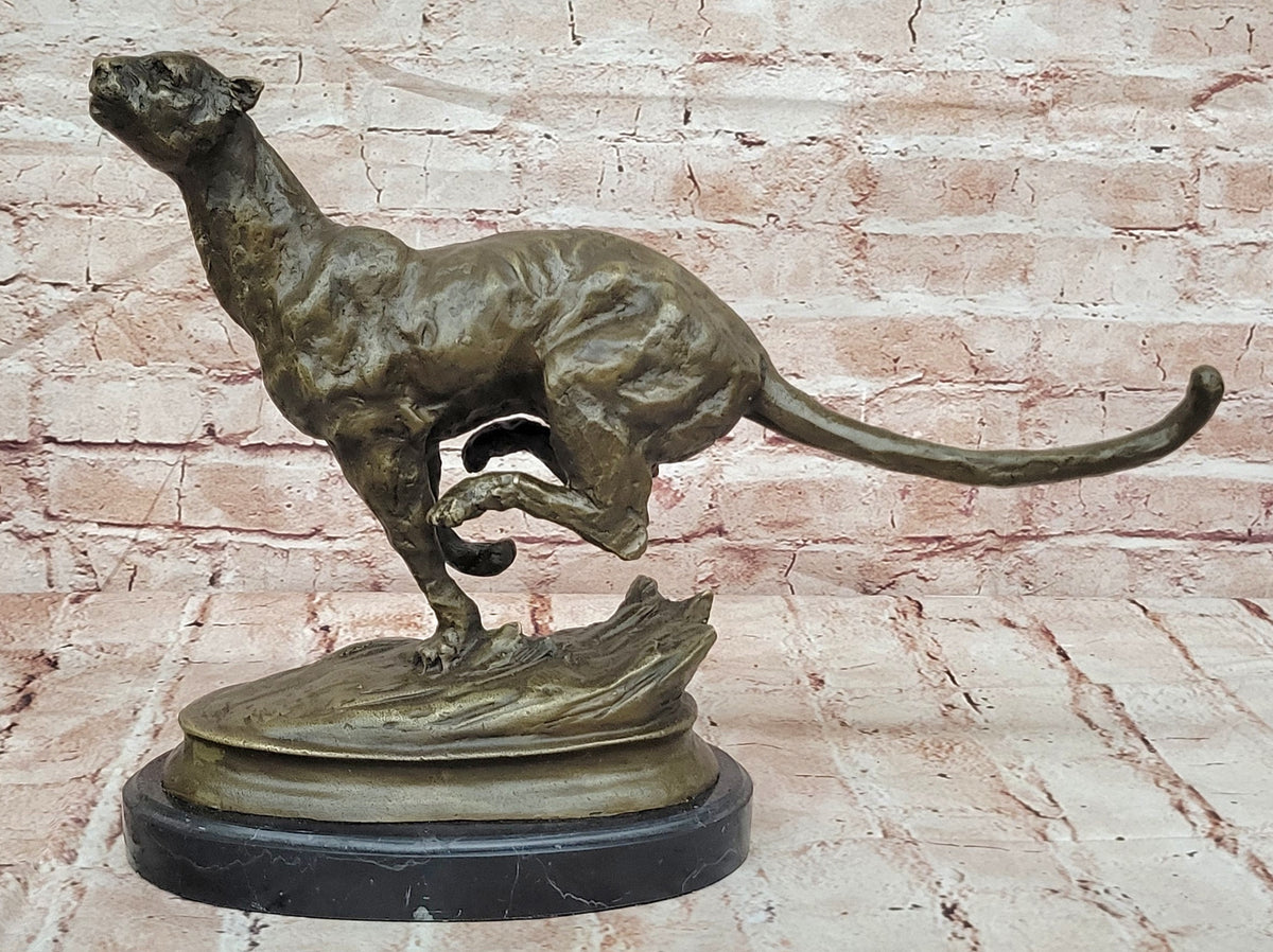 Classic Artwork: Milo`s Signed Stalking Puma Bronze Sculpture on Marble Base