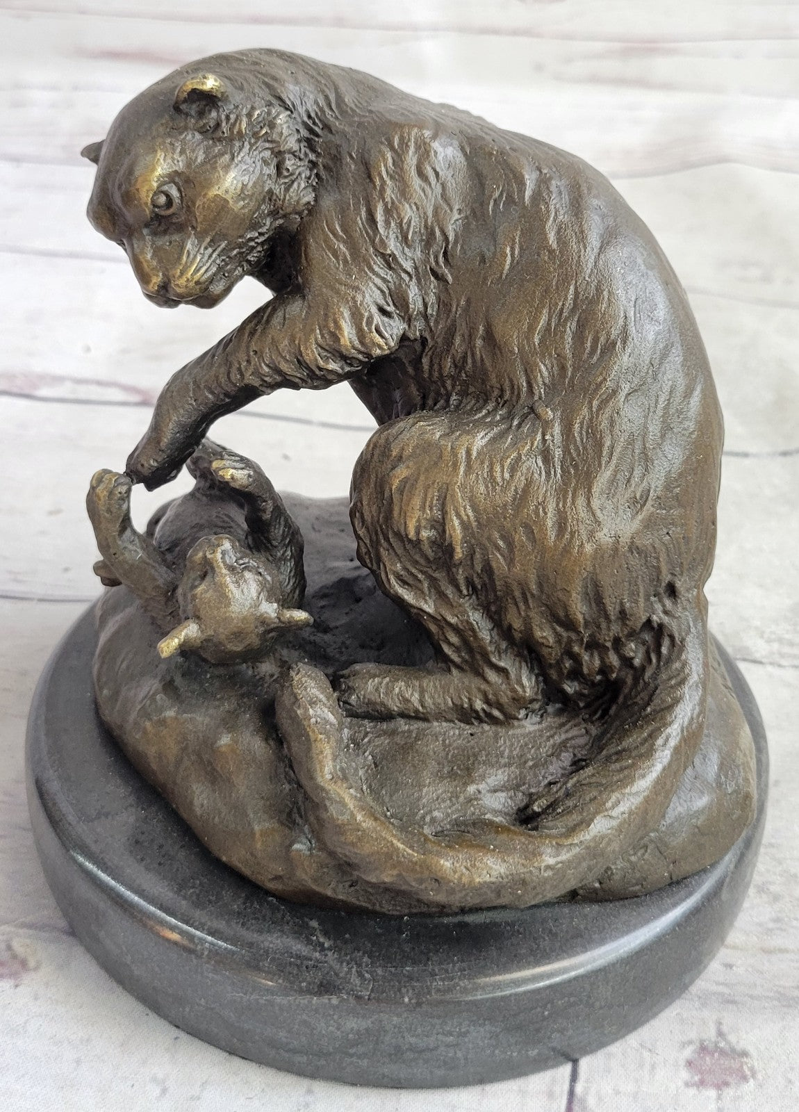 VINTAGE CAT AND BABY BRONZE STATUE HOT CAST MARBLE BASE FIGURINE FIGURE STATUE