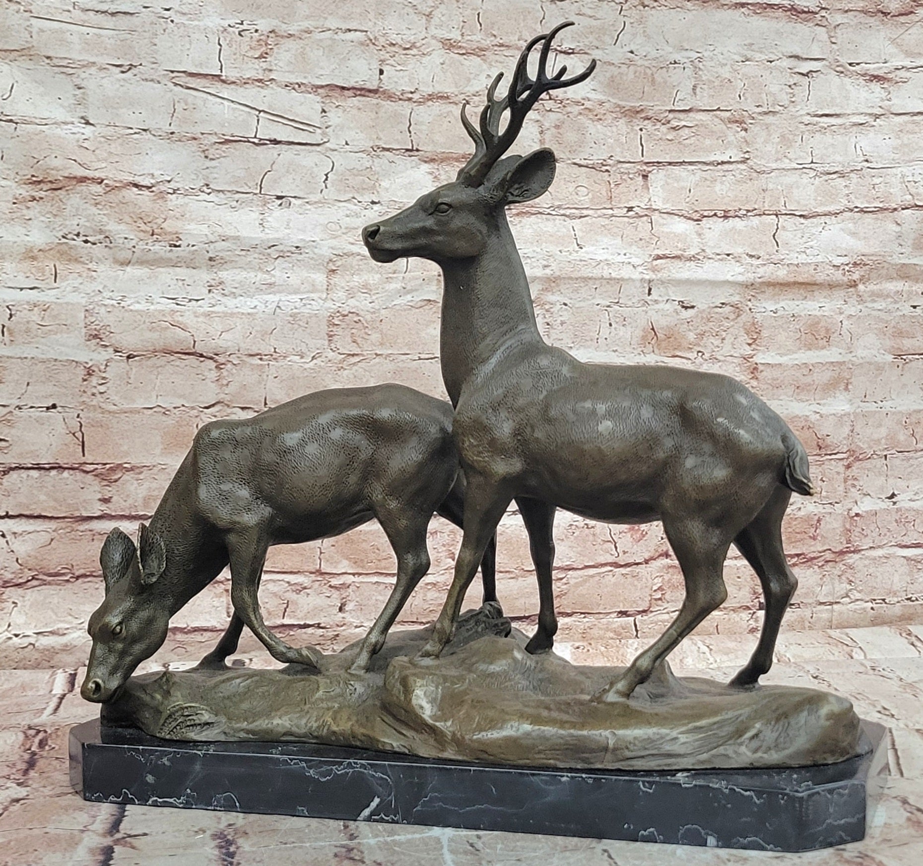 Wildlife Bronze Deer Couple Sculpture Stag and Doe Collectible Figurine
