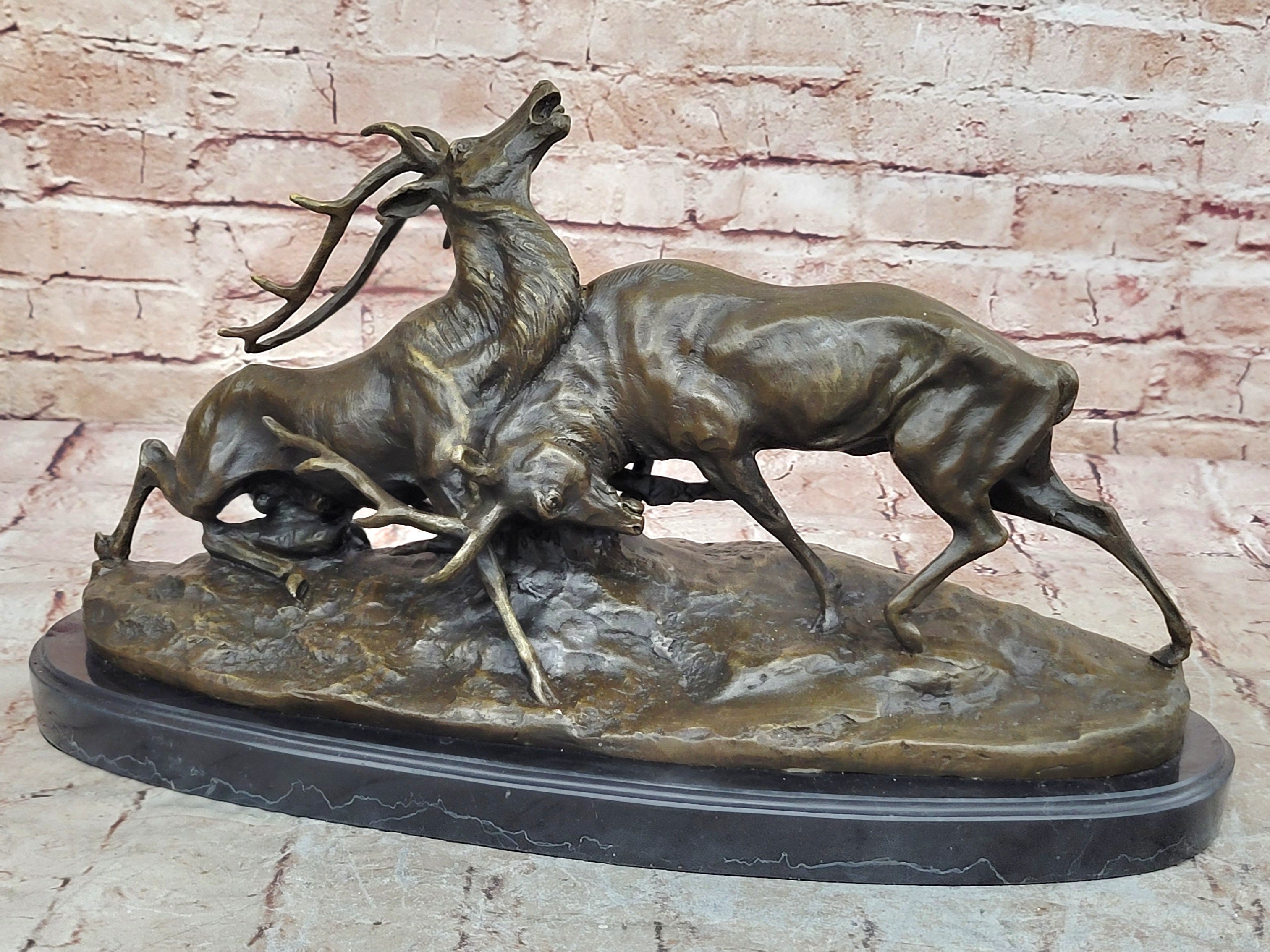 Art Deco Signed Original Two Elks Hot Cast Bronze Sculpture Lost Wax Deal  Sale