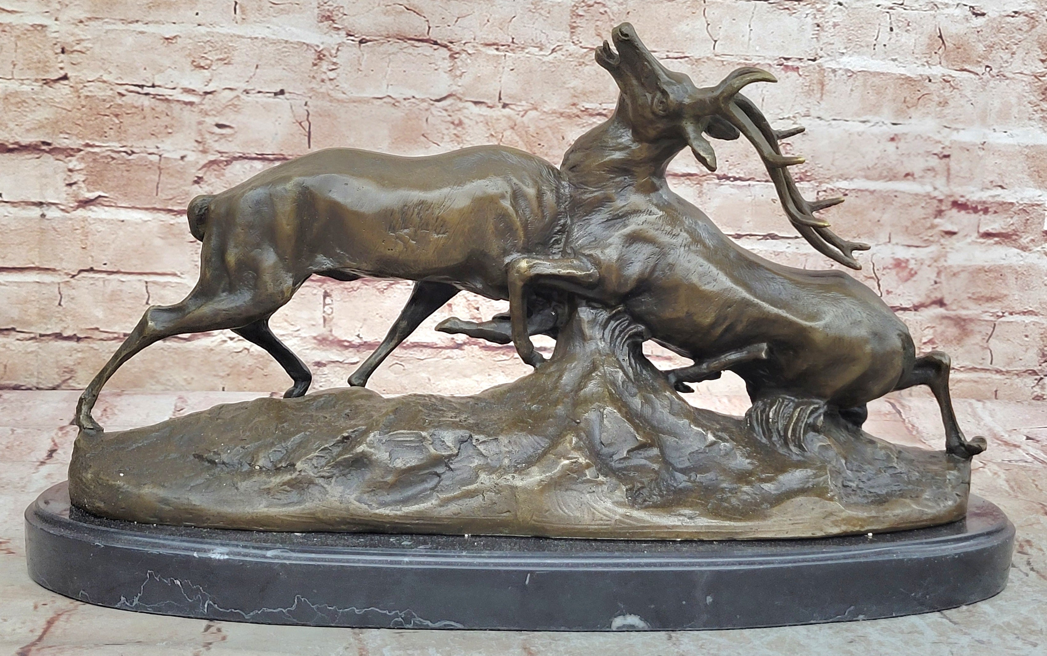 Art Deco Signed Original Two Elks Hot Cast Bronze Sculpture Lost Wax Deal  Sale