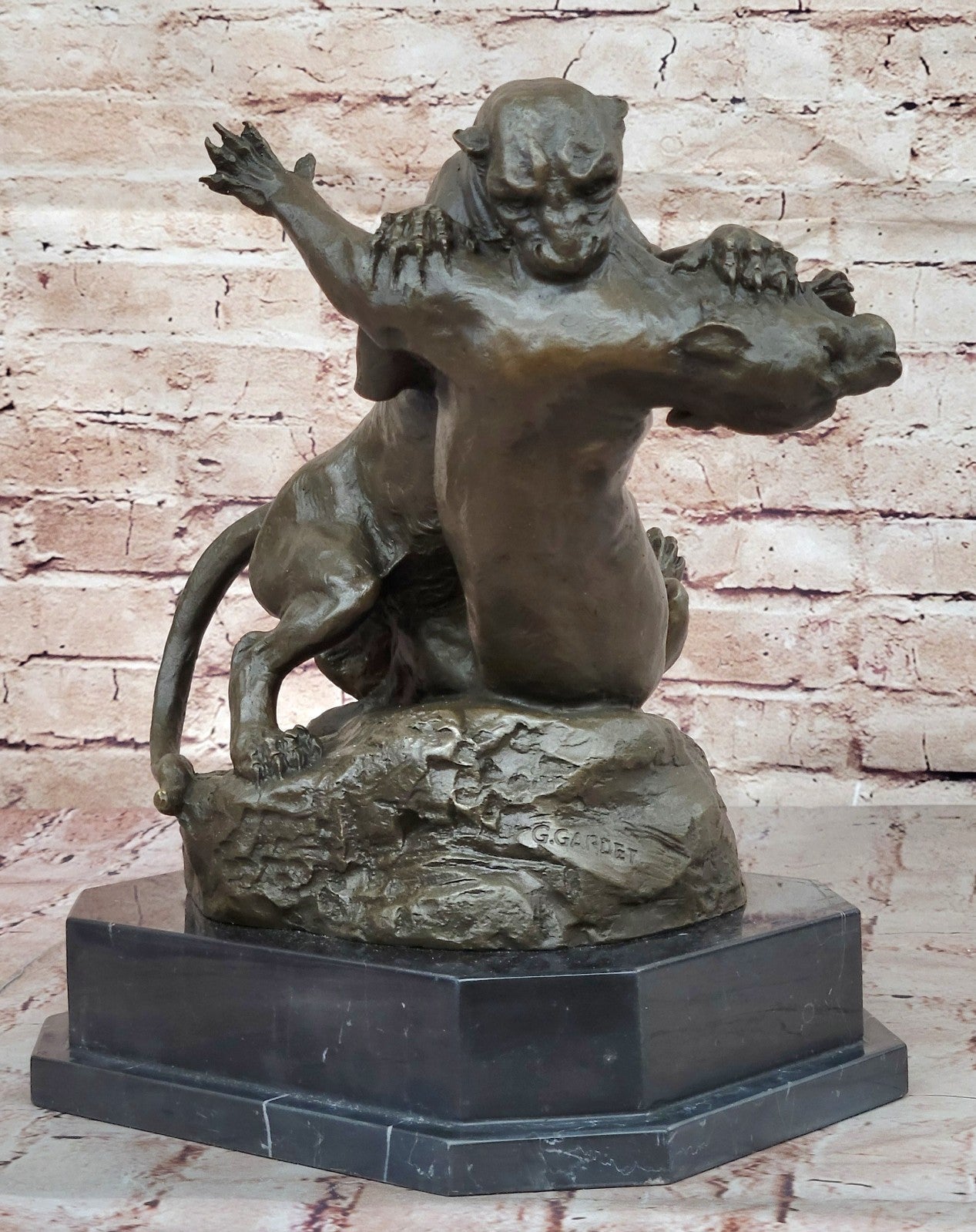Home Office Decor: Gardet`s Signed Bronze Cougar Battle Sculpture - Heavy Art