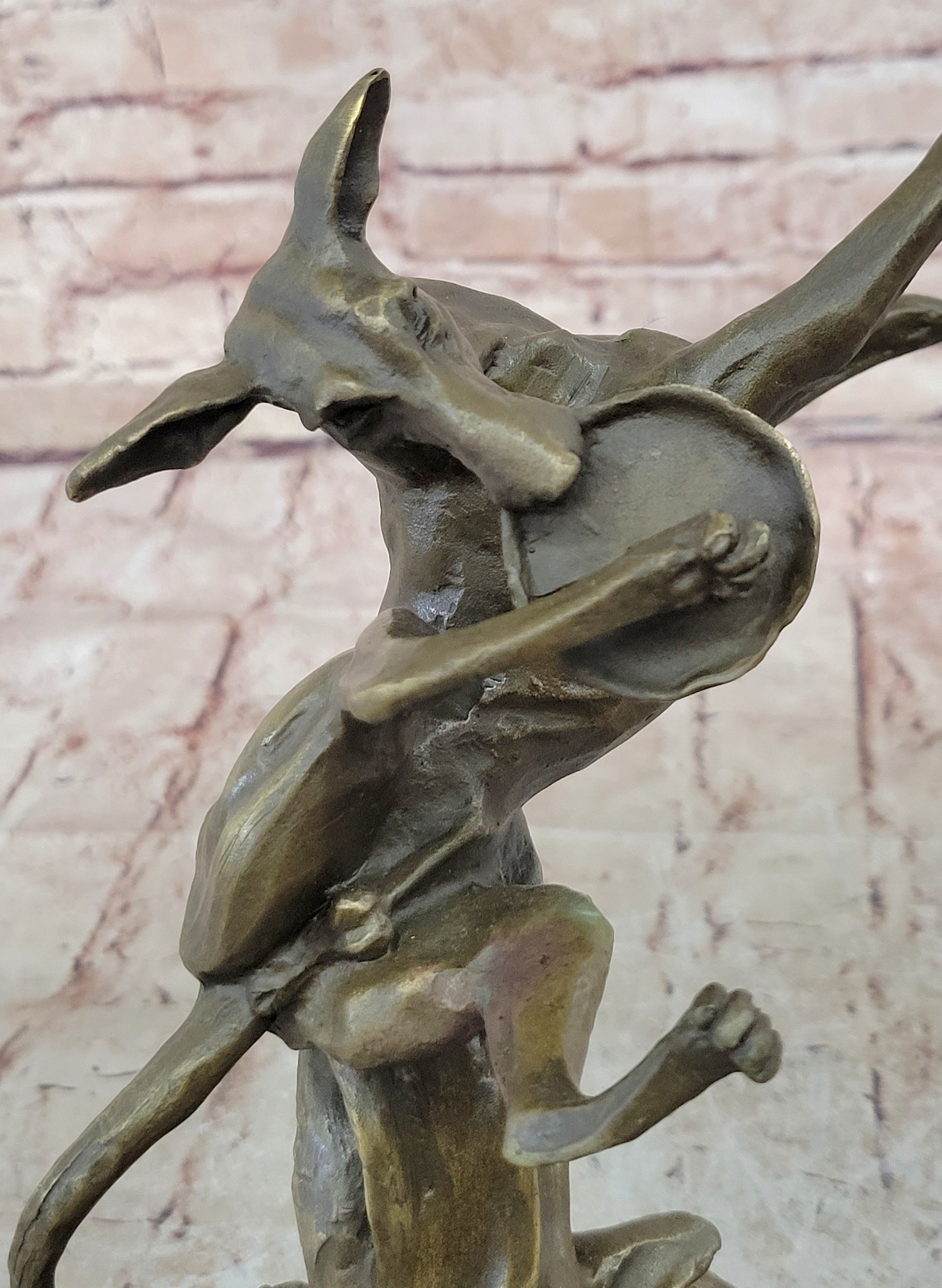 Puppy Dog Fetching Frisbee Bronze Sculpture by Milo Handcrafted Marble Base Deco