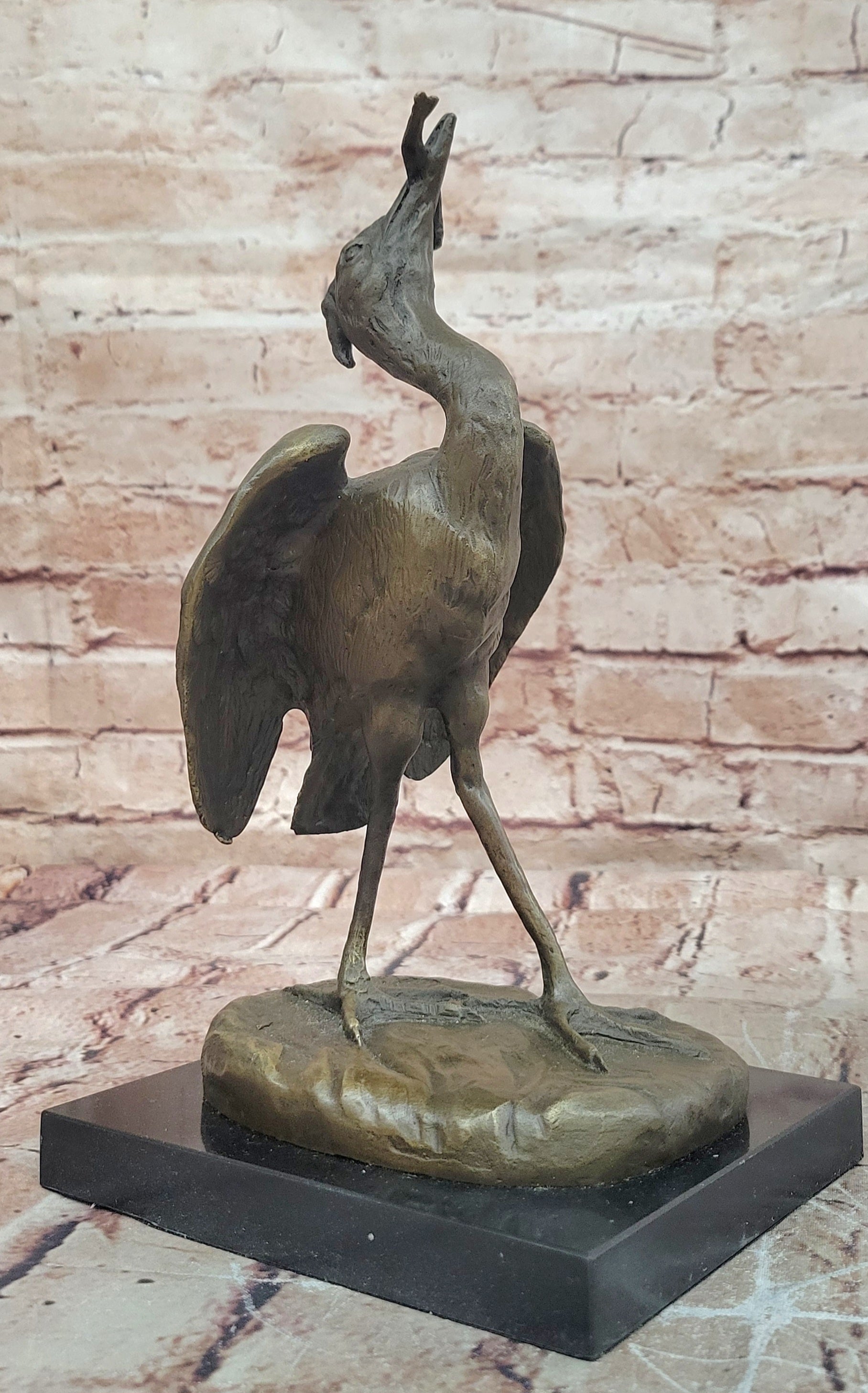 Bronze Stork with Fish Sculpture Agathon Leonard Fine Art Bird Statue