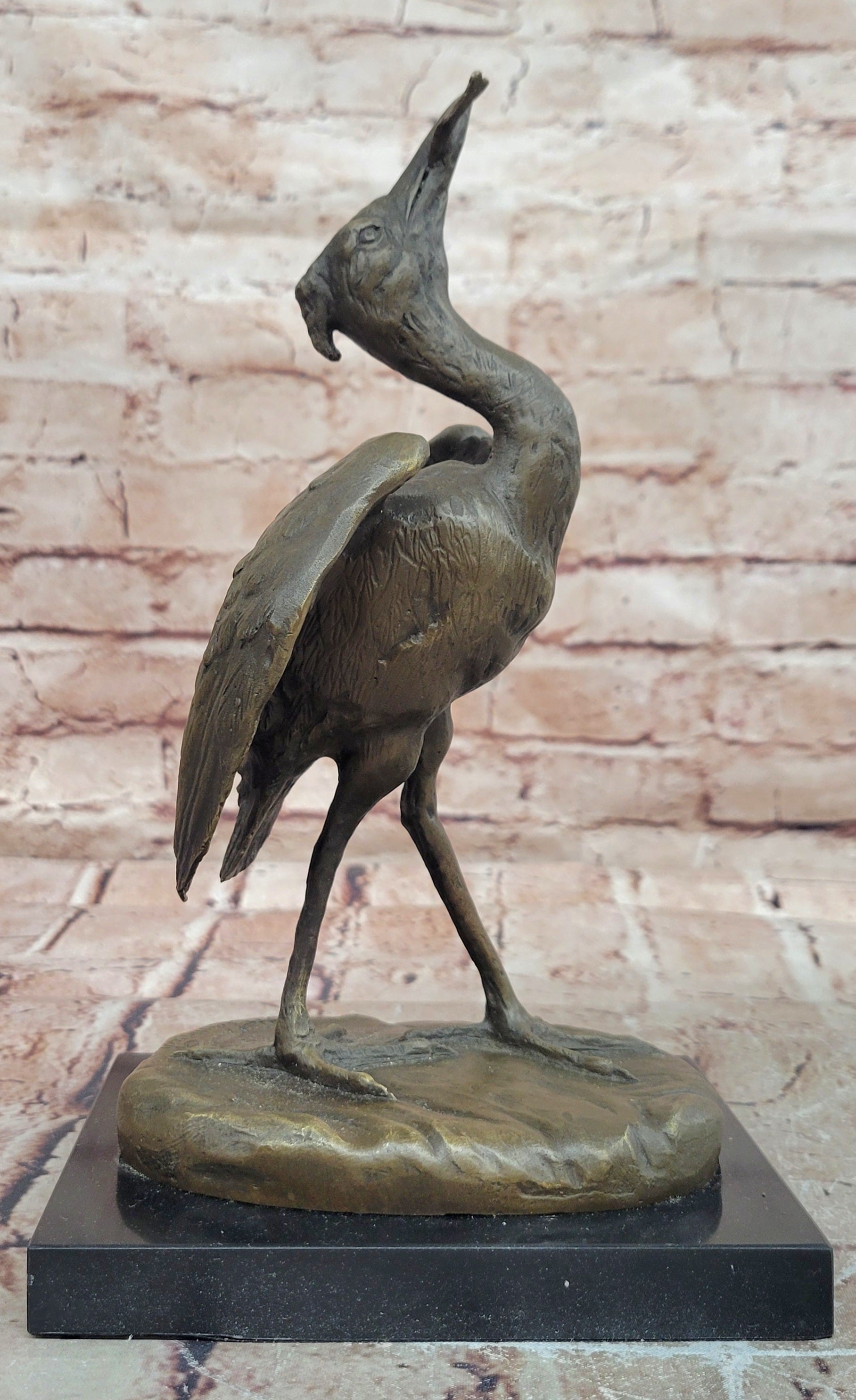 Bronze Stork with Fish Sculpture Agathon Leonard Fine Art Bird Statue