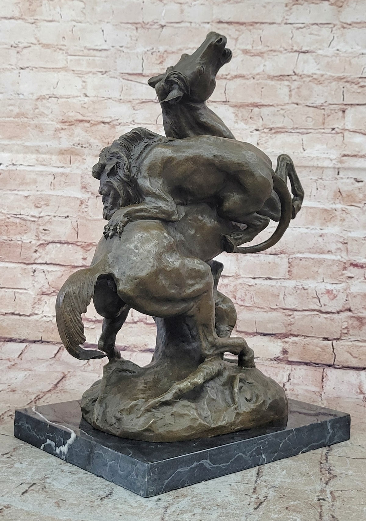 Majestic Wildlife Scene: Signed Barye Lion Attack - Solid Bronze Sculpture