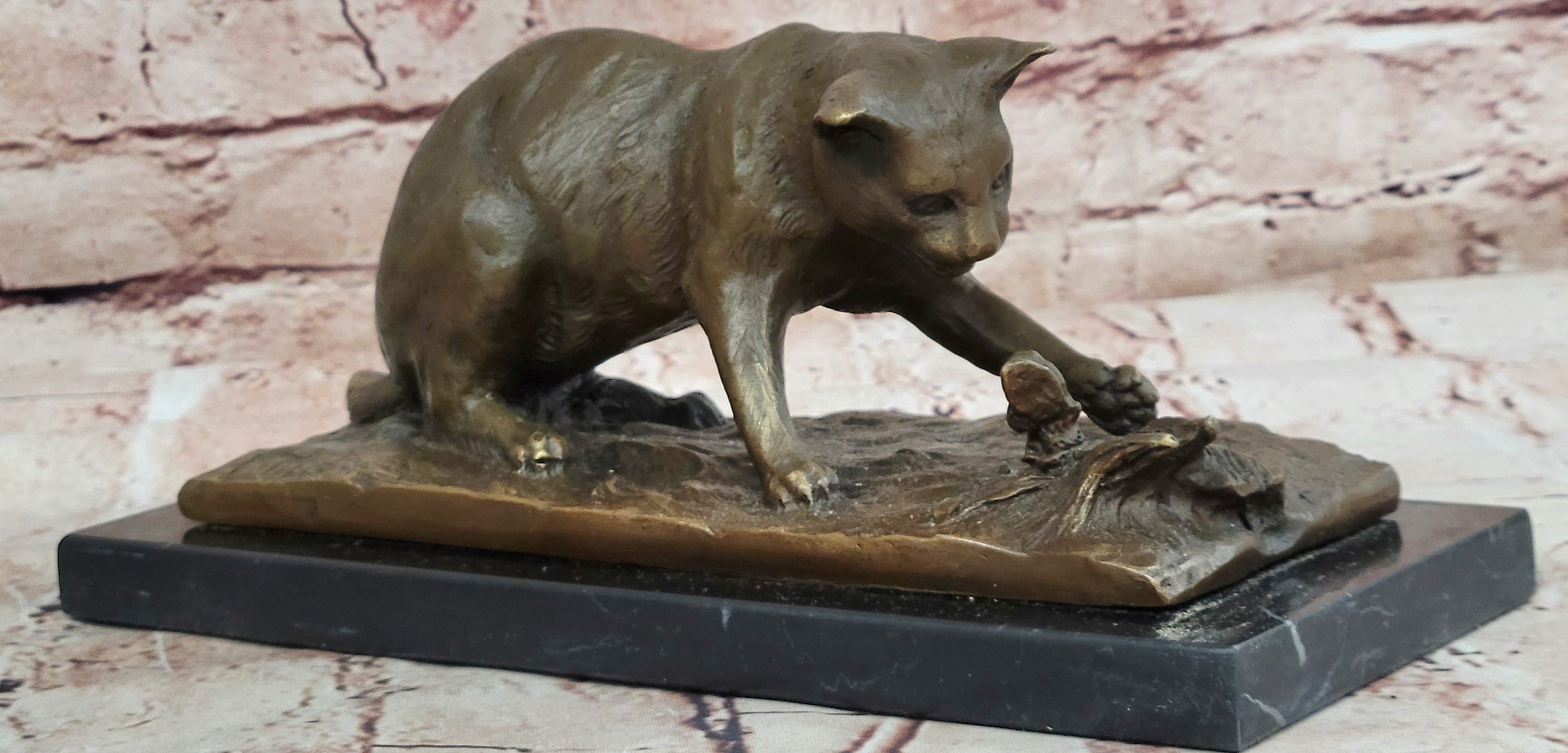 Milo Bronze Cat And Butterfly Sculpture Pet Lover Collectible Artwork