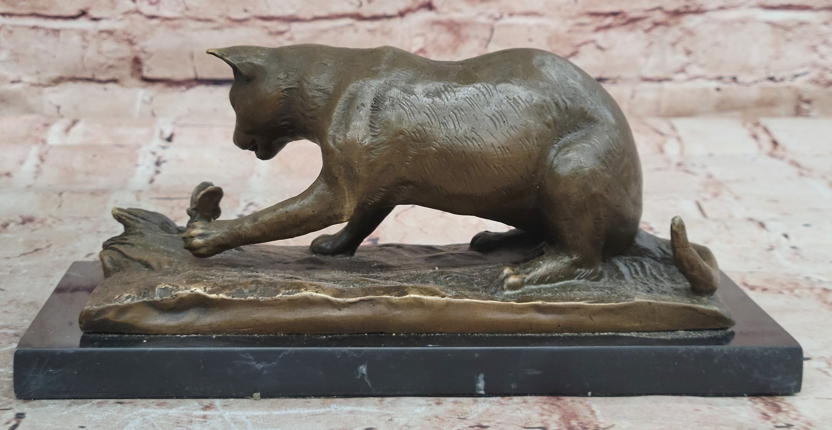 Milo Bronze Cat And Butterfly Sculpture Pet Lover Collectible Artwork