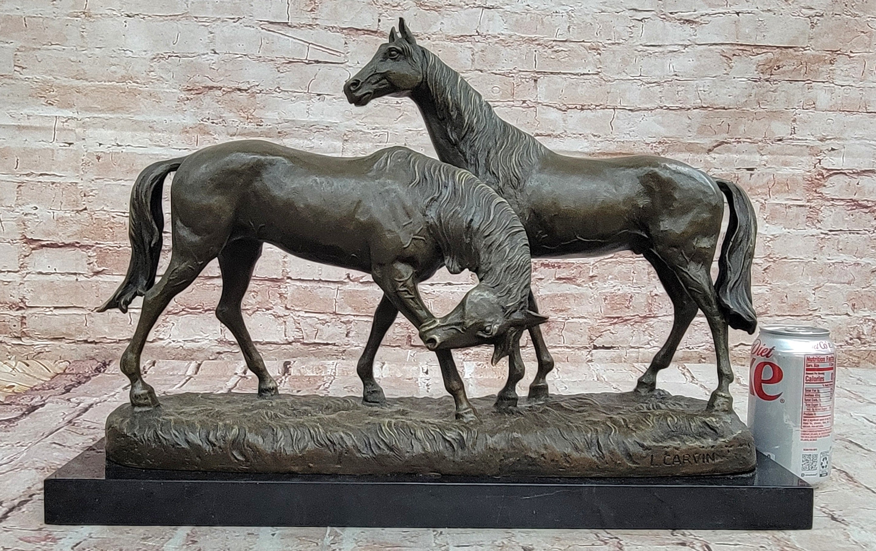 Bronze Sculpture Two Gorgeous Mare Horses Racing Statue Marble Base Figure