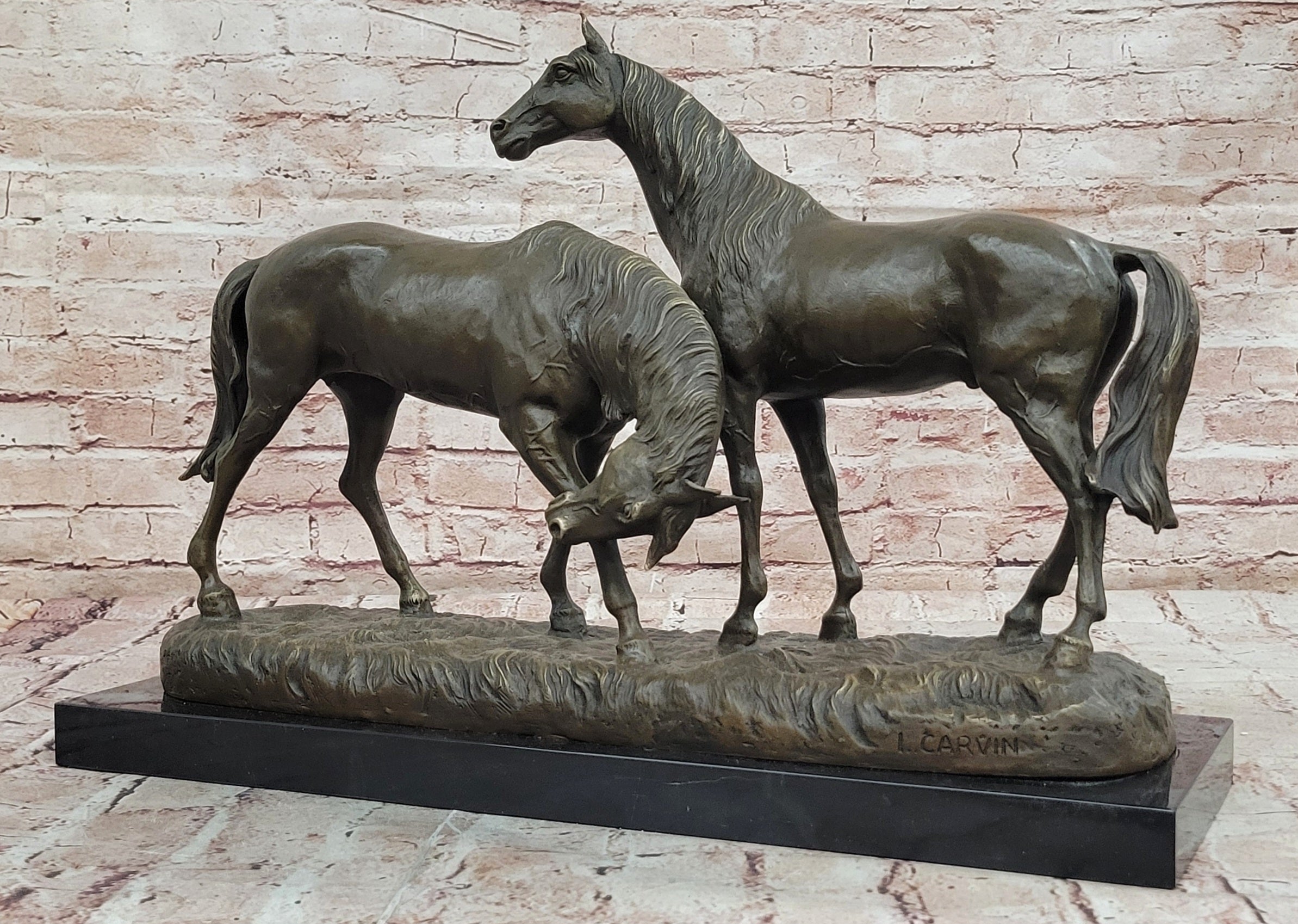 Bronze Sculpture Two Gorgeous Mare Horses Racing Statue Marble Base Figure
