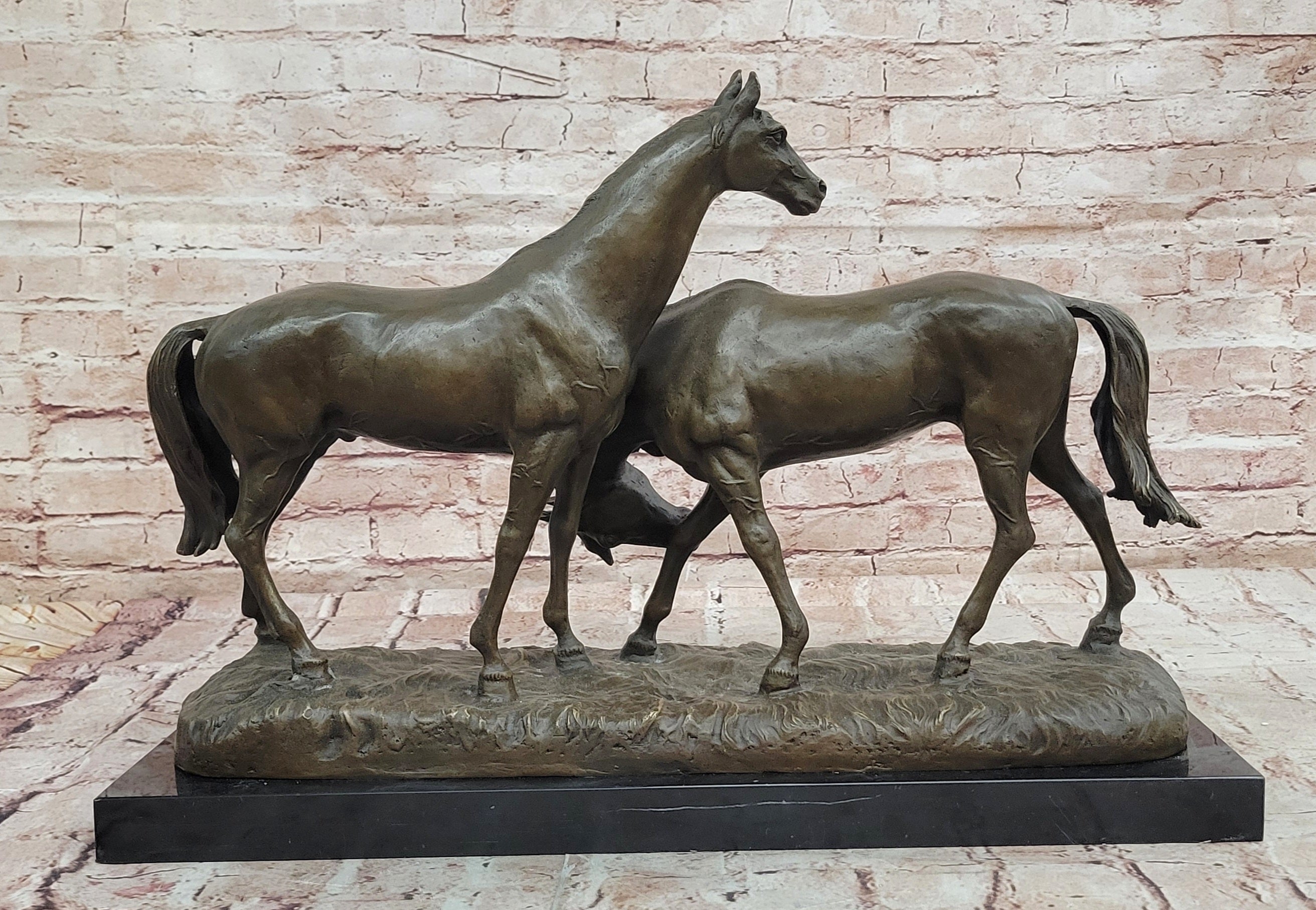 Bronze Sculpture Two Gorgeous Mare Horses Racing Statue Marble Base Figure