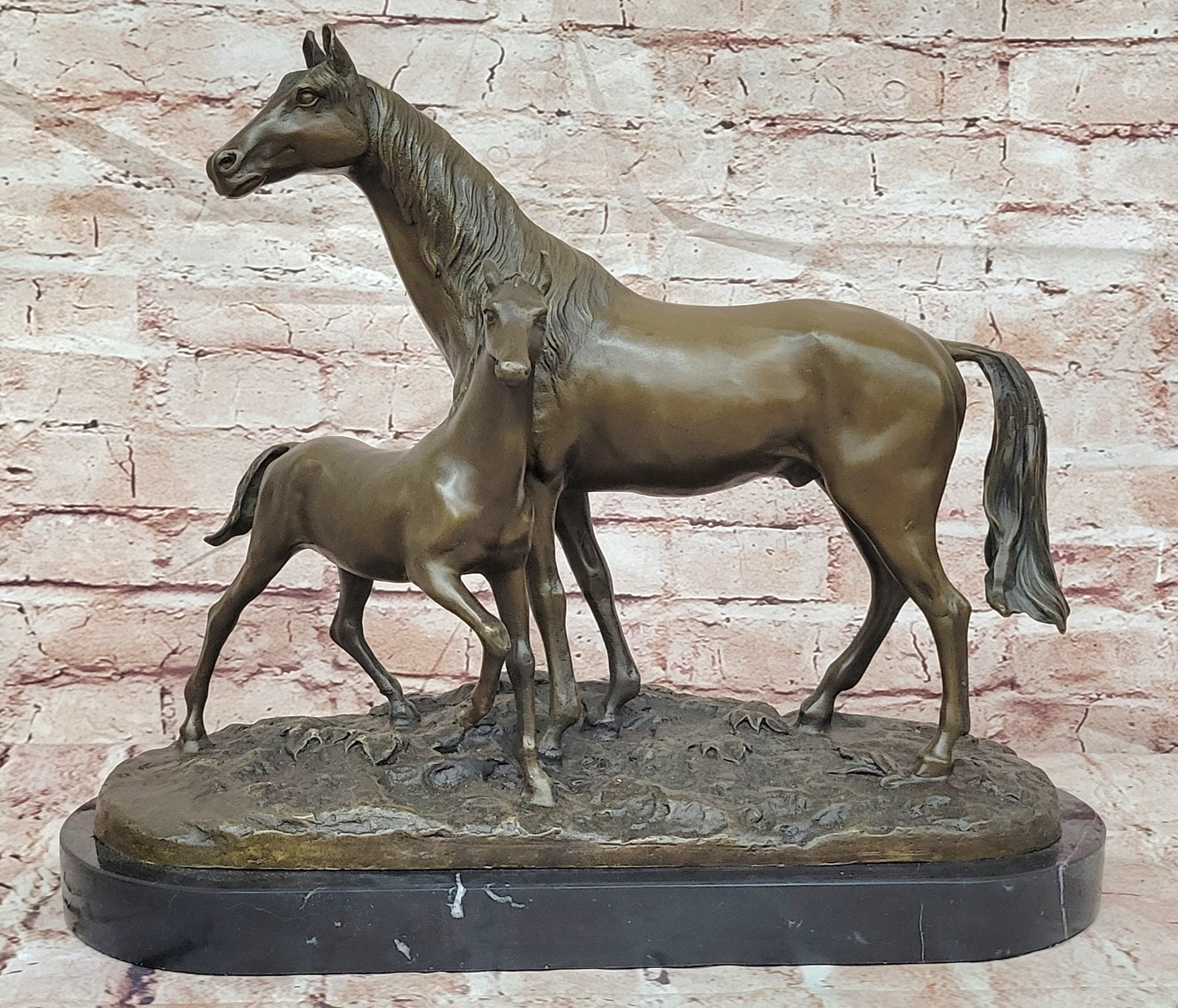 BRONZE CLASSIC TWO HORSES MARE & FOAL, SIGNED: MENE LOST WAX METHOD STATUE