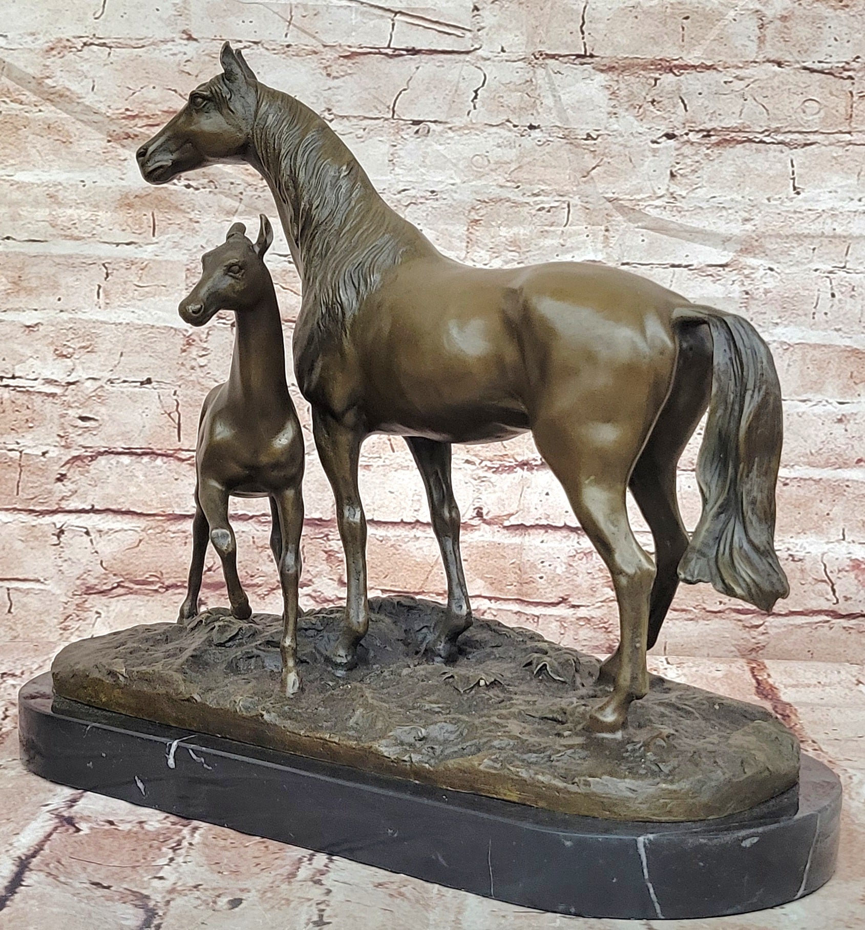 BRONZE CLASSIC TWO HORSES MARE & FOAL, SIGNED: MENE LOST WAX METHOD STATUE