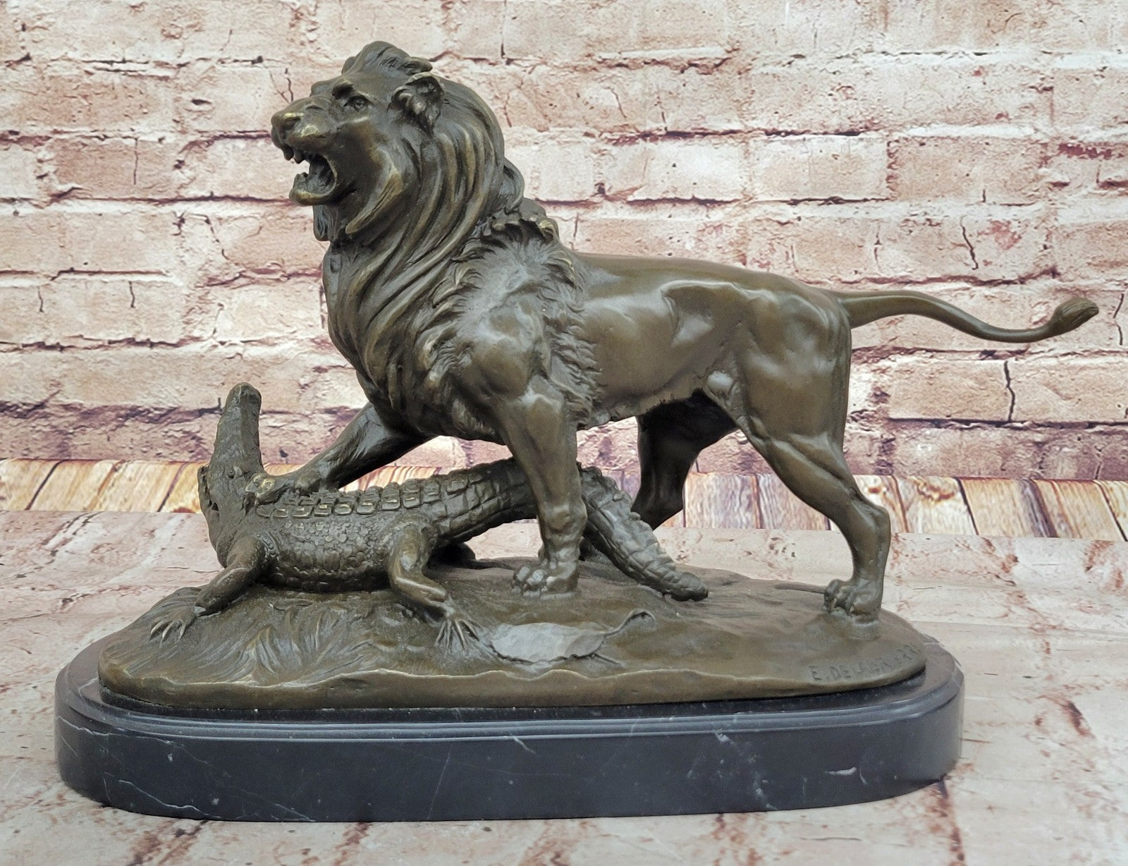 Bronze Sculpture Hand Made Hot Cast Detailed Lion Vs Reptile Marble Figure