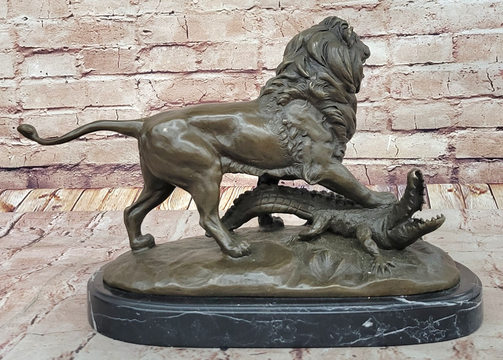 Bronze Sculpture Hand Made Hot Cast Detailed Lion Vs Reptile Marble Figure