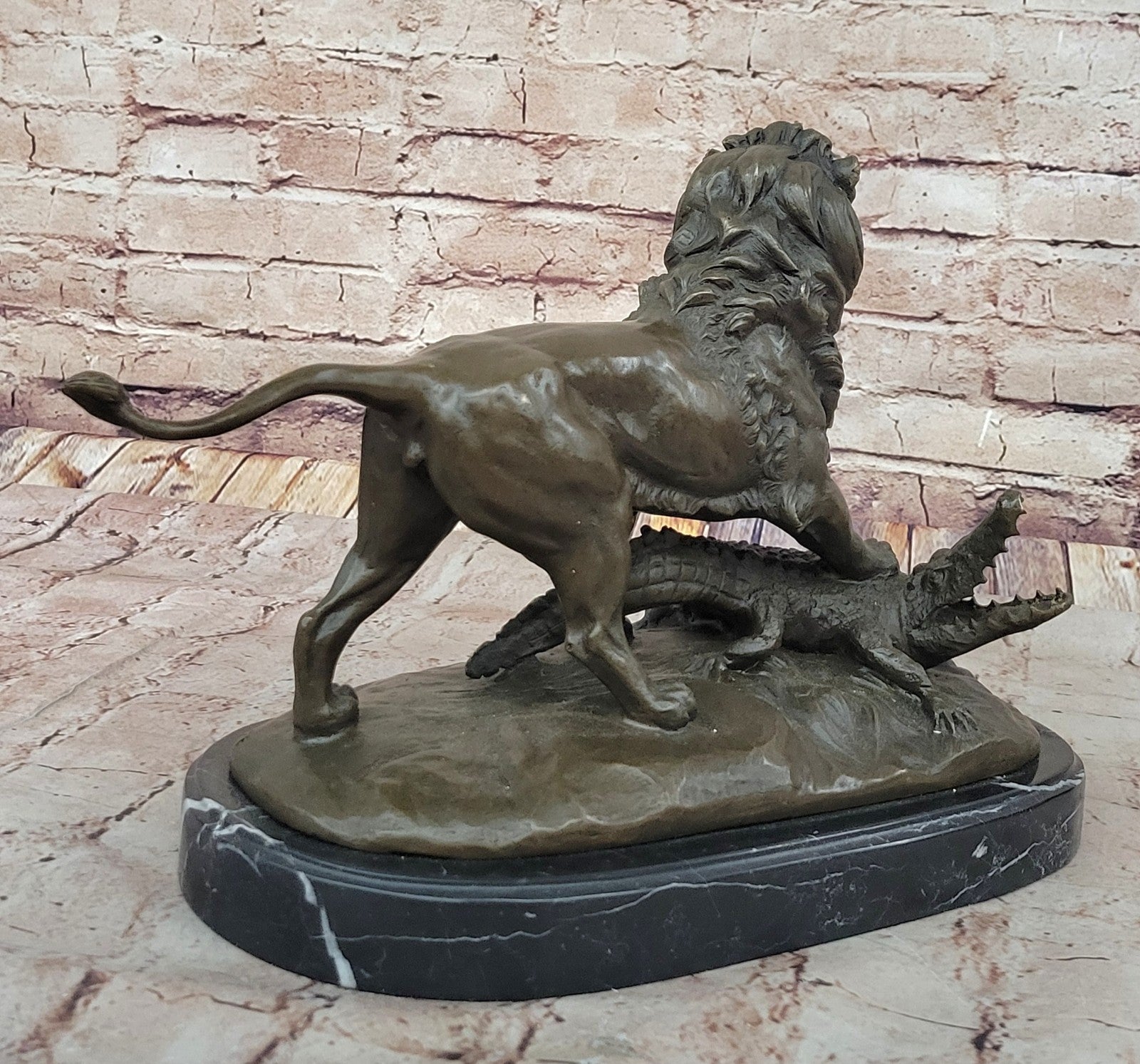 Bronze Sculpture Hand Made Hot Cast Detailed Lion Vs Reptile Marble Figure