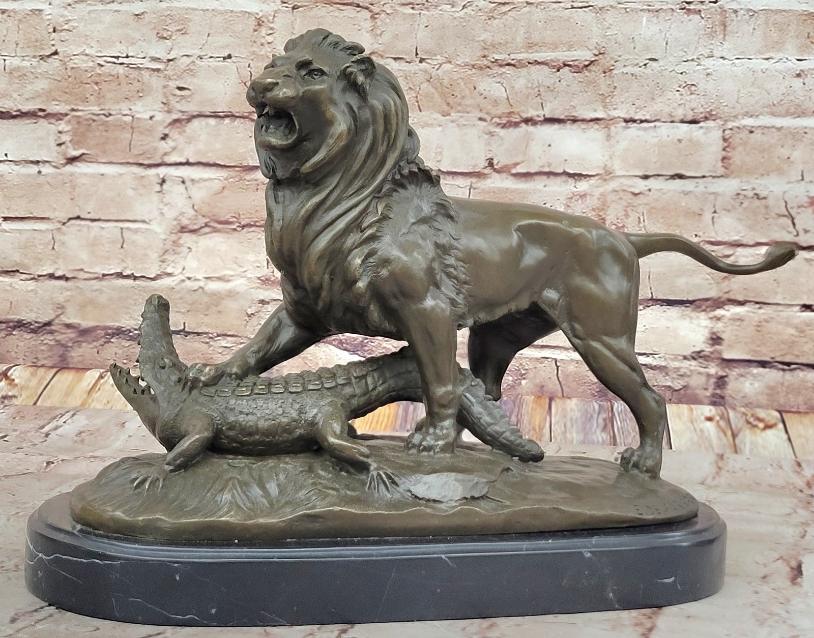 Bronze Sculpture Hand Made Hot Cast Detailed Lion Vs Reptile Marble Figure