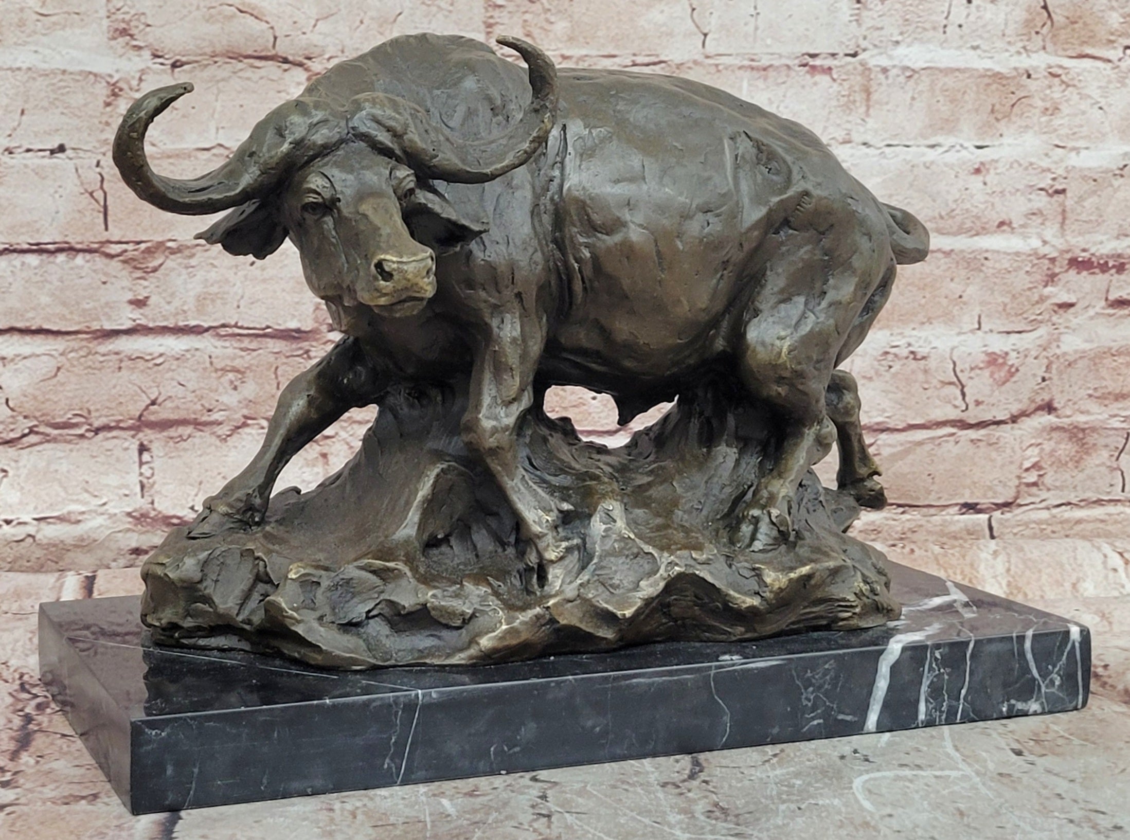Bronze Wildlife Buffalo Sculpture Signed Milo Animal Statue Home Decor