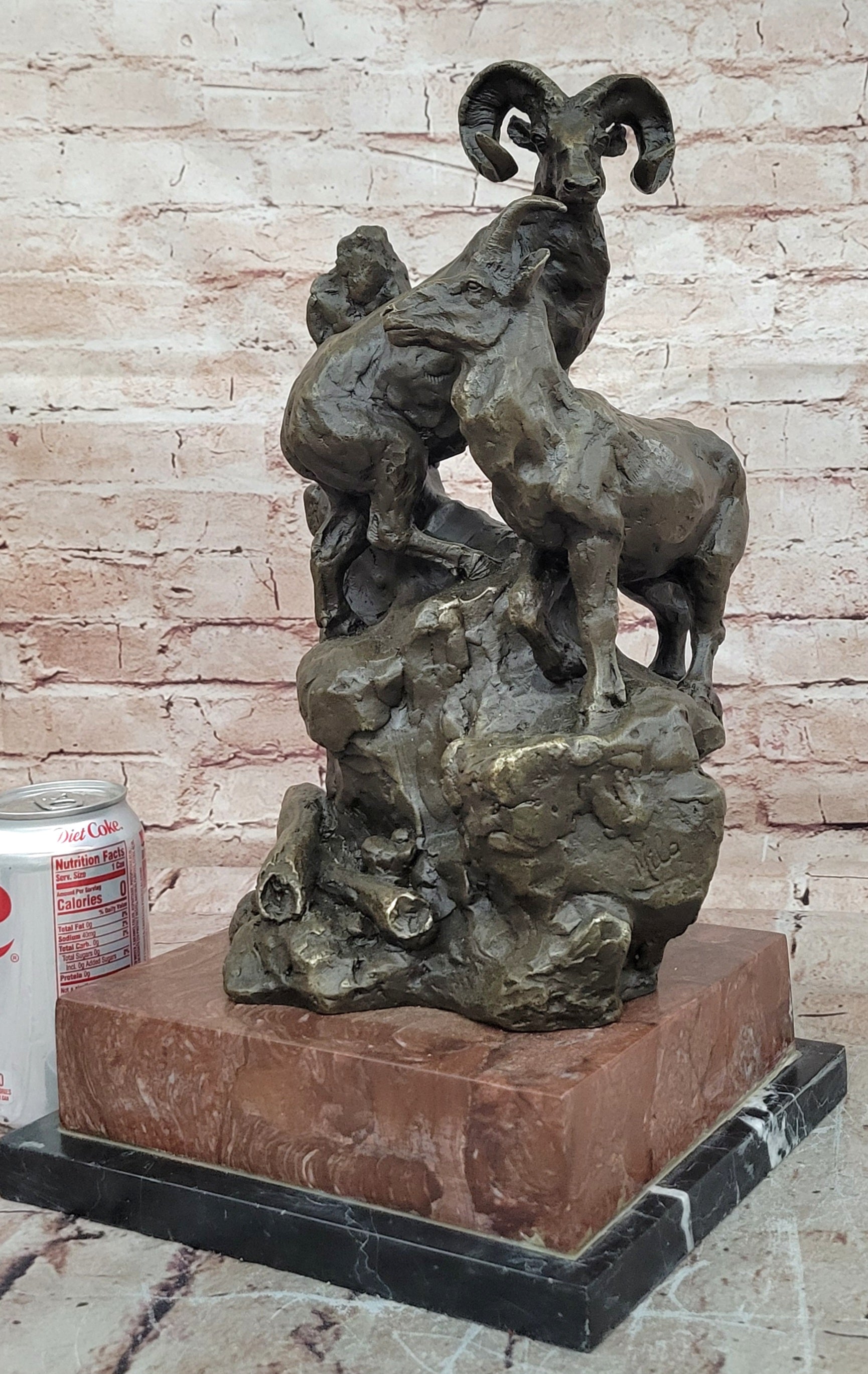 Large Big Horn Ram Bronze Sculpture Wildlife Marble Statue Collectible Decor