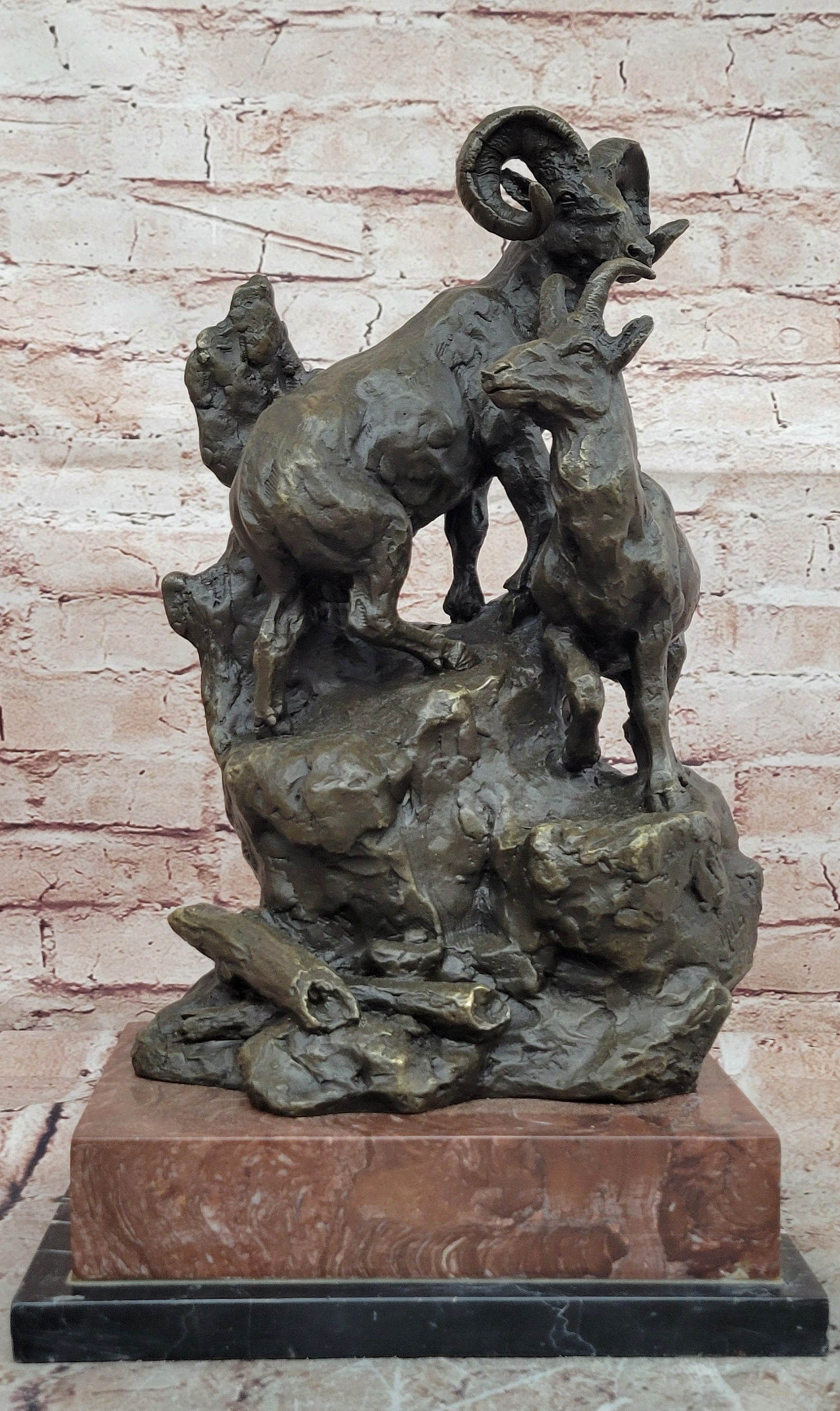 Large Big Horn Ram Bronze Sculpture Wildlife Marble Statue Collectible Decor